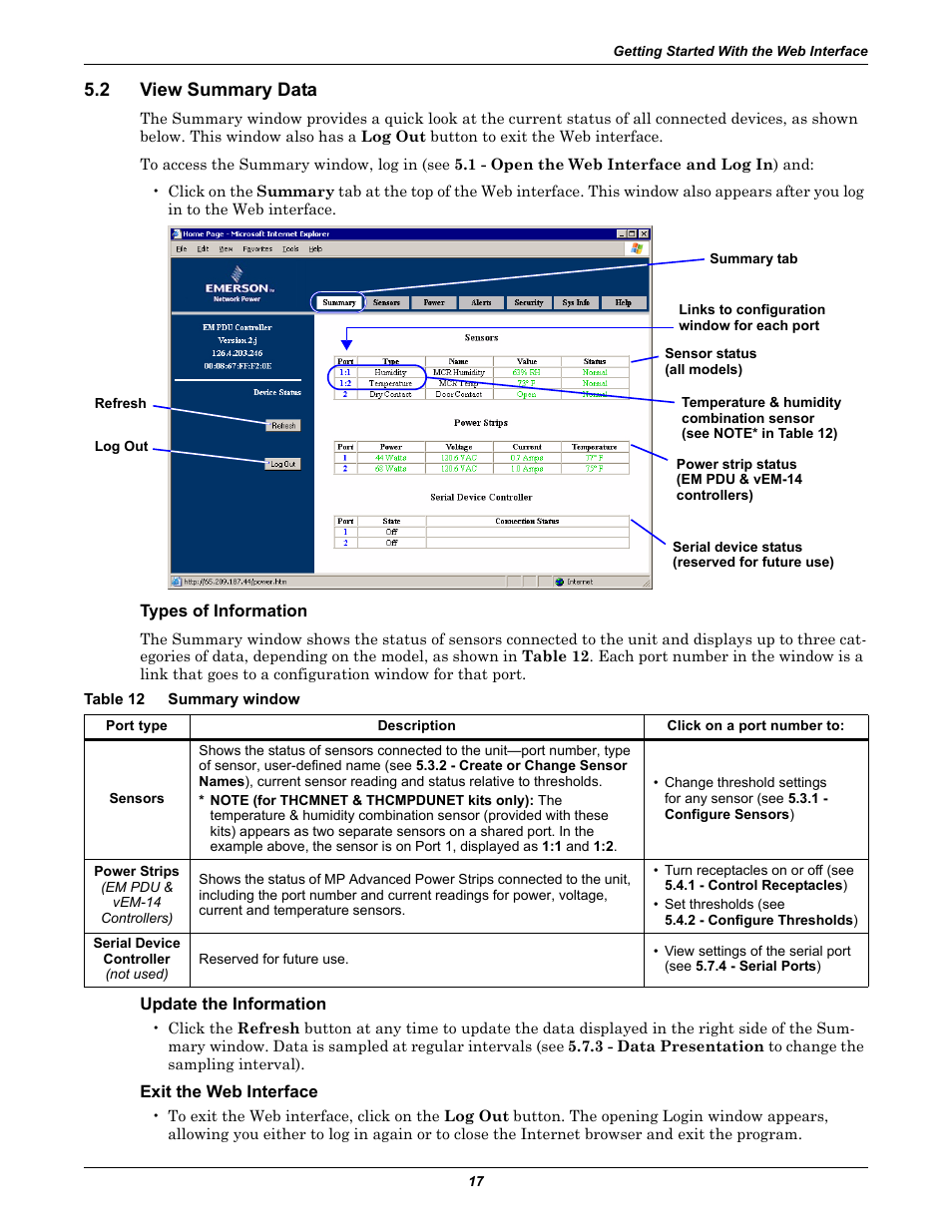 2 view summary data, Types of information, Table 12 summary window | Update the information, Exit the web interface, View summary data, Table 12, Summary window, D to 5.2 - view summary data | Liebert EM User Manual | Page 23 / 48