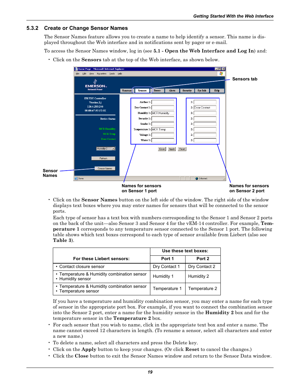 2 create or change sensor names, Create or change sensor names, 2 - create or change sensor | Names, 2 - create or change sensor names, Ee section 5.3.2) | Liebert EM User Manual | Page 25 / 48