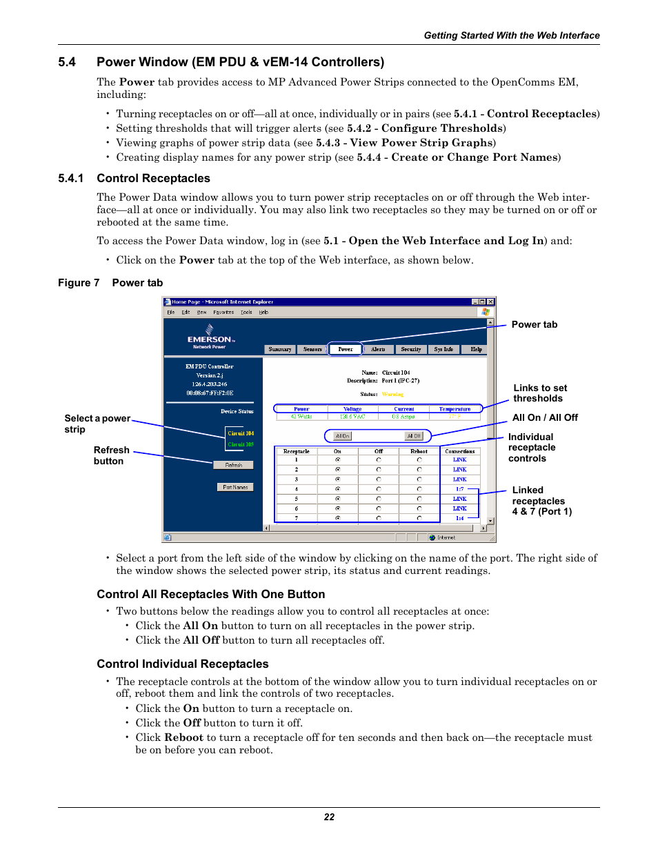 4 power window (em pdu & vem-14 controllers), 1 control receptacles, Figure 7 power tab | Control all receptacles with one button, Control individual receptacles, Power window (em pdu & vem-14 controllers), Control receptacles, Figure 7, Power tab, Power window (em pdu | Liebert EM User Manual | Page 28 / 48