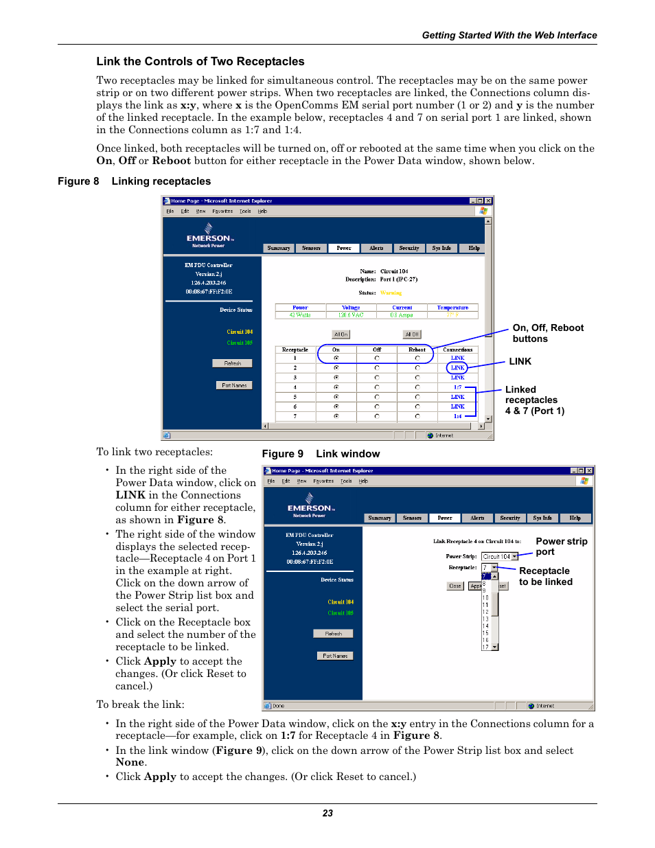 Link the controls of two receptacles, Figure 8 linking receptacles, Figure 9 link window | Figure 8, Linking receptacles, Figure 9, Link window | Liebert EM User Manual | Page 29 / 48