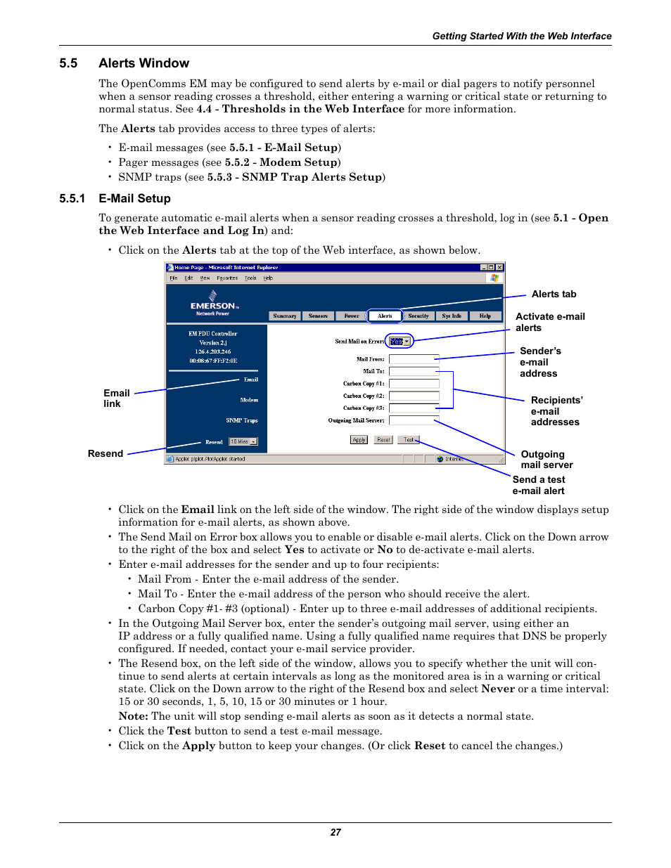 5 alerts window, 1 e-mail setup, Alerts window | E-mail setup | Liebert EM User Manual | Page 33 / 48