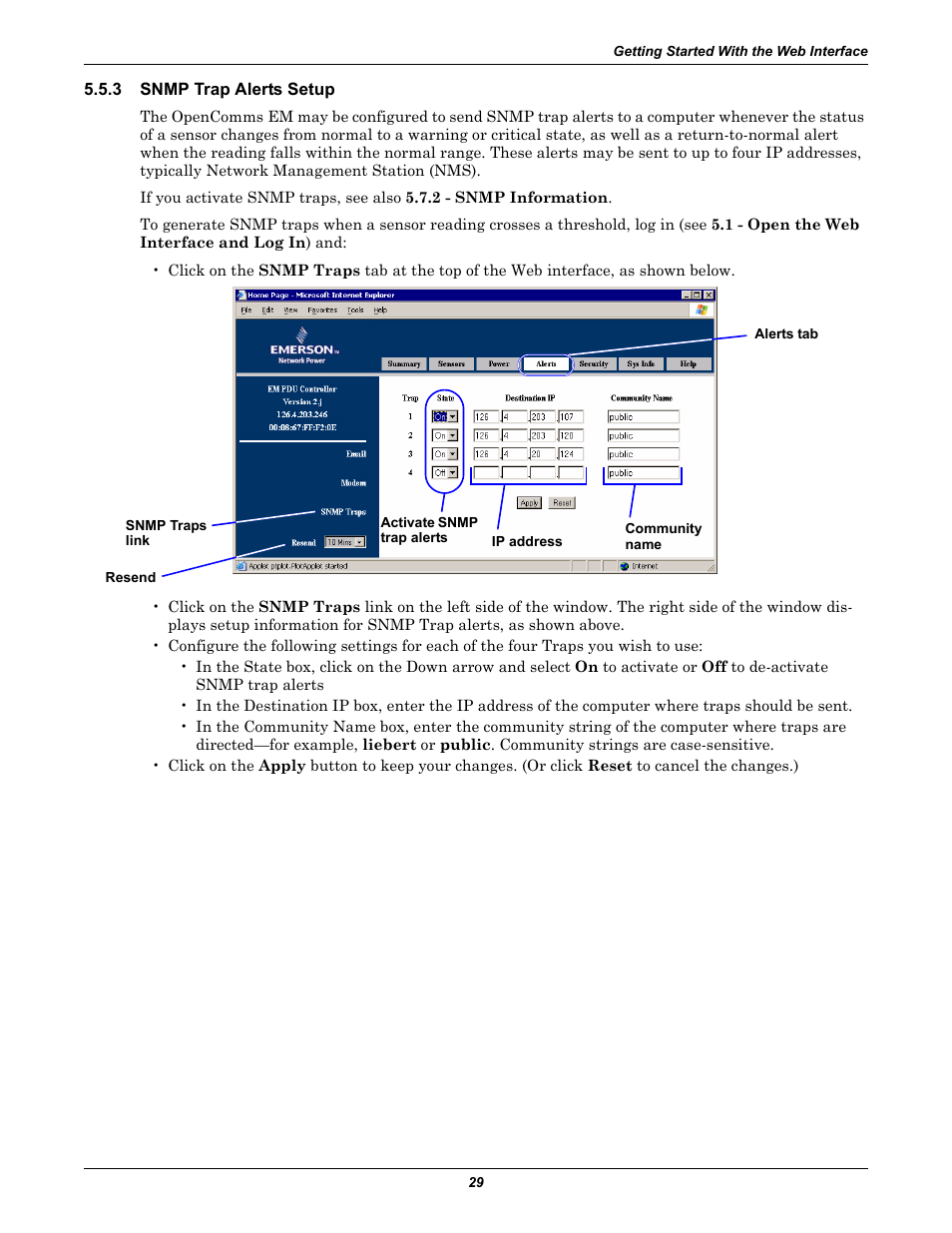 3 snmp trap alerts setup, Snmp trap alerts setup, 3 - snmp trap alerts setup | Liebert EM User Manual | Page 35 / 48