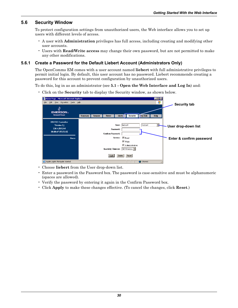6 security window, Security window, 6 - security window | 1 - create a | Liebert EM User Manual | Page 36 / 48