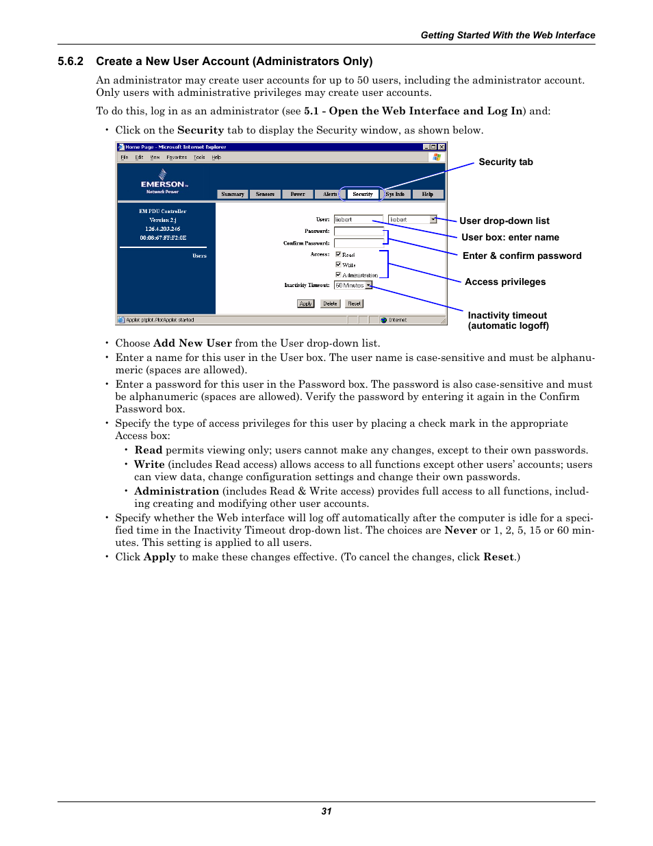 2 create a new user account (administrators only), Create a new user account (administrators only) | Liebert EM User Manual | Page 37 / 48