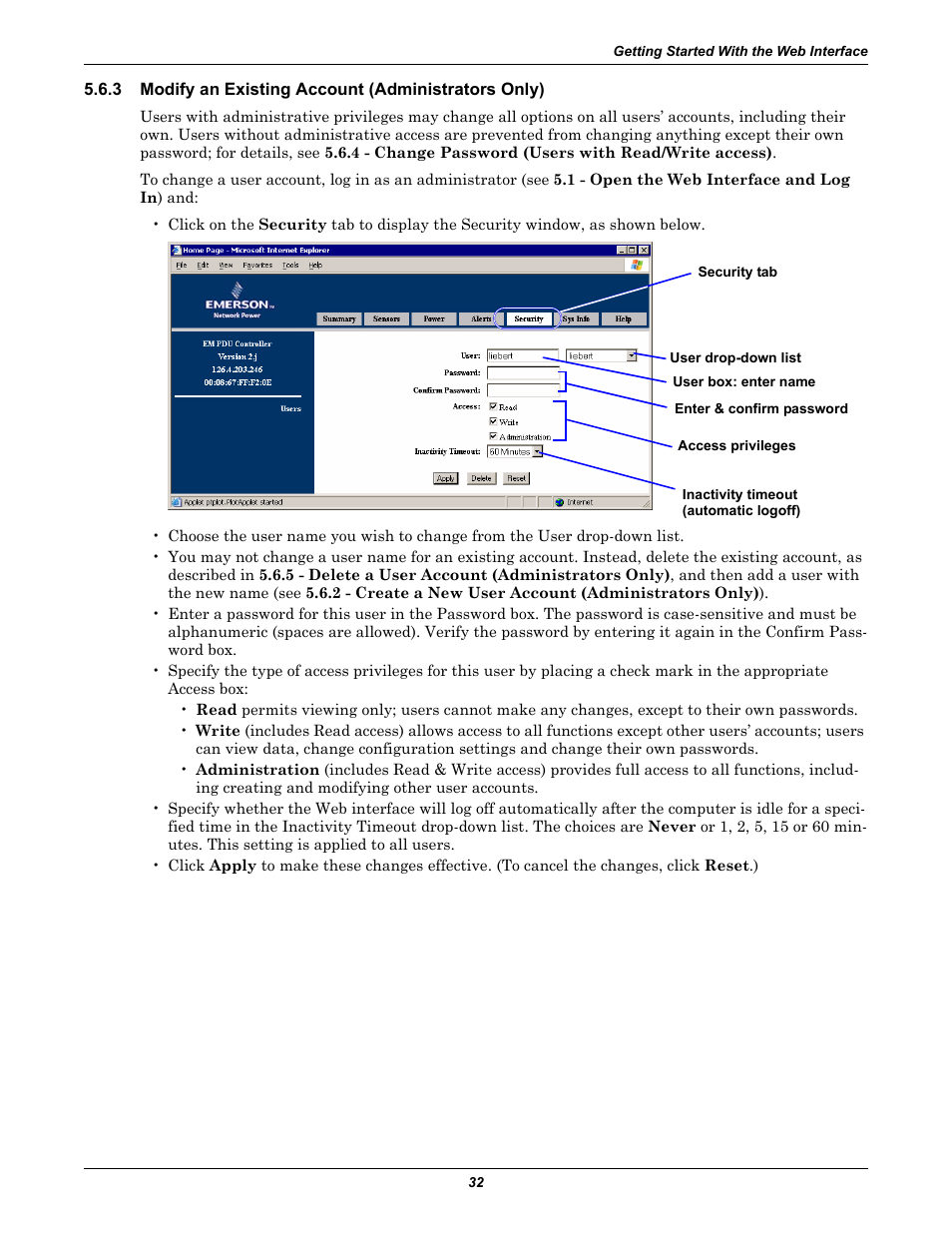 3 modify an existing account (administrators only), Modify an existing account (administrators only) | Liebert EM User Manual | Page 38 / 48