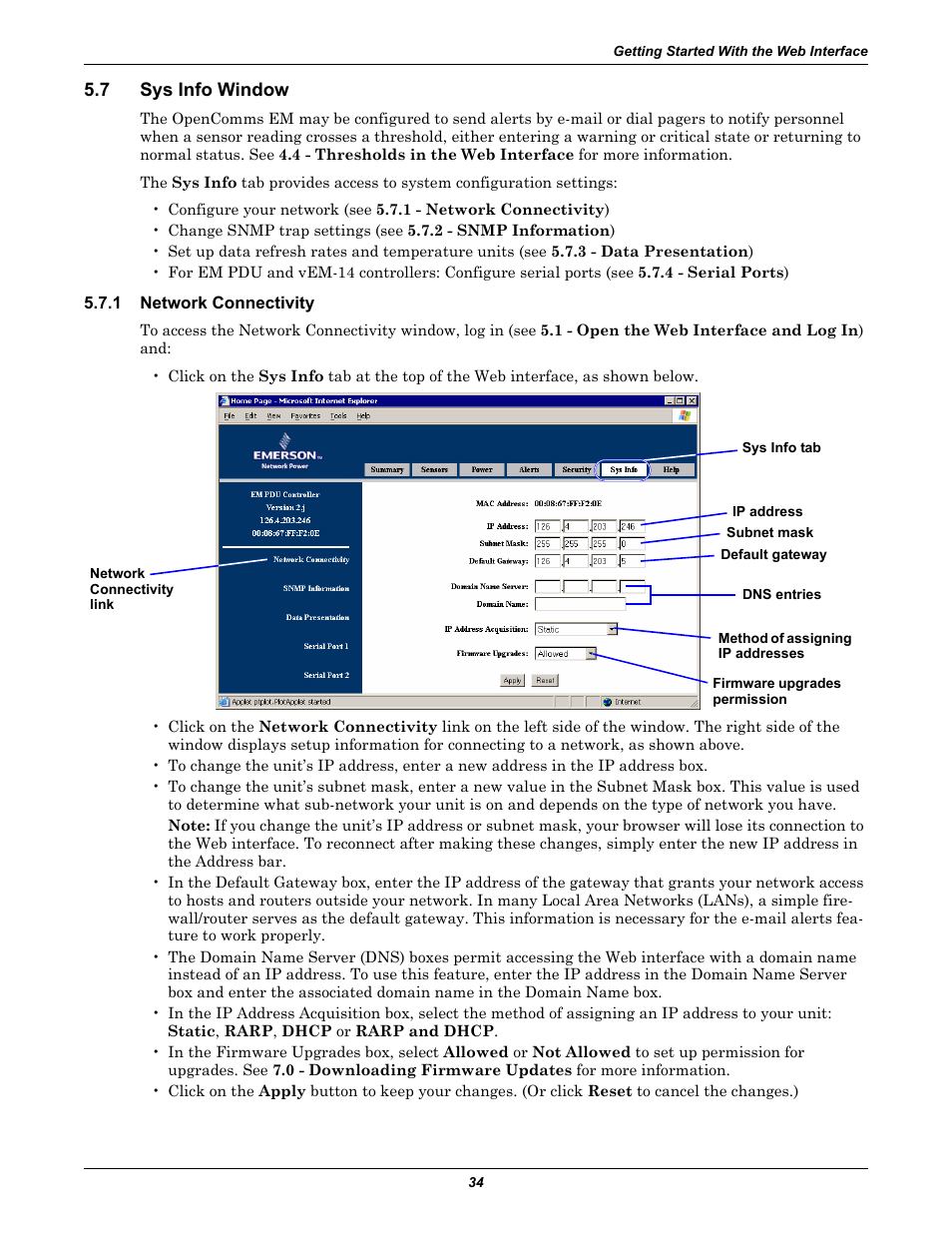 7 sys info window, 1 network connectivity, Sys info window | Network connectivity, 1 - network connectivity | Liebert EM User Manual | Page 40 / 48