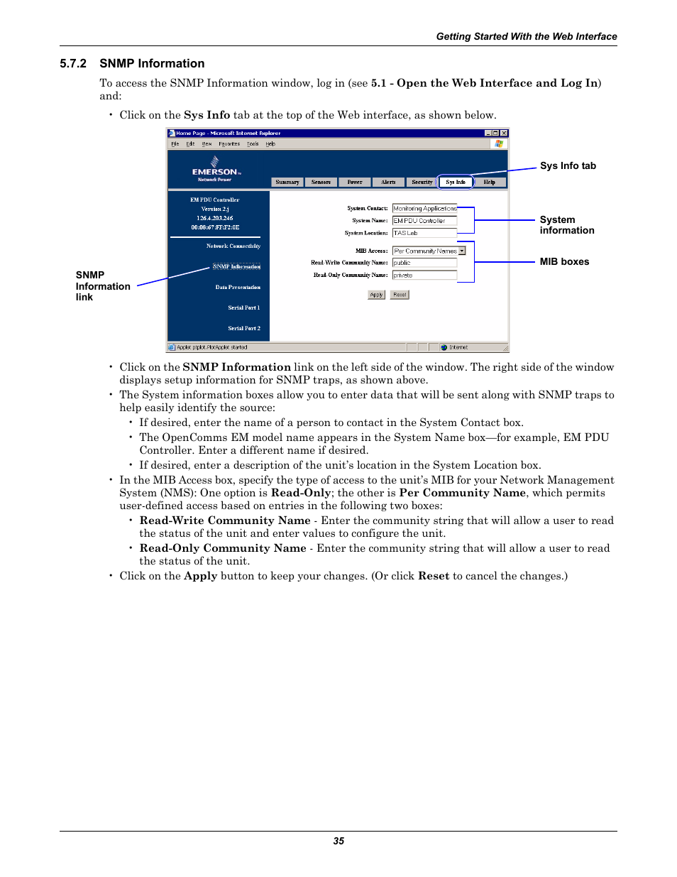 2 snmp information, Snmp information, E 5.7.2 - snmp information | Ap settings (see 5.7.2 - snmp information | Liebert EM User Manual | Page 41 / 48