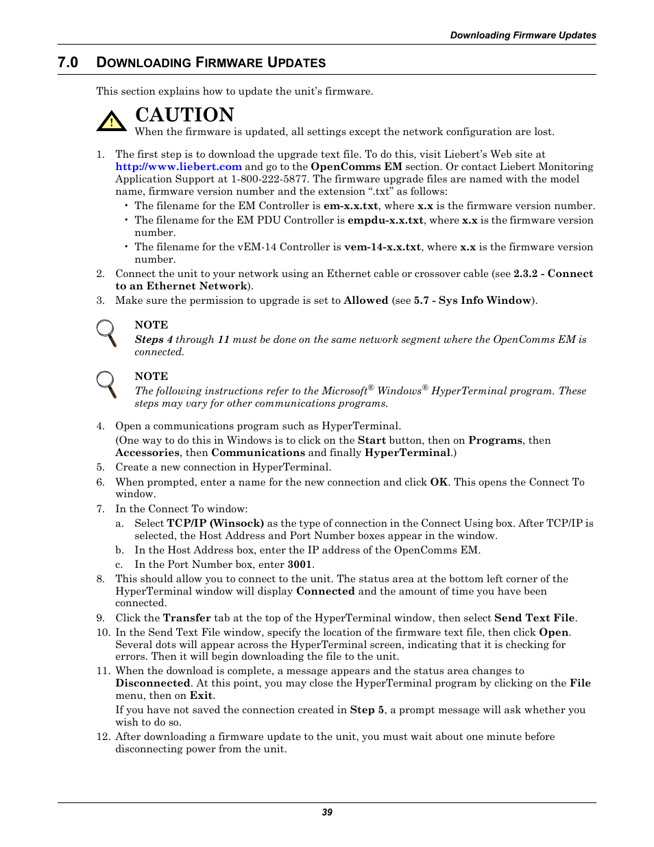 0 downloading firmware updates, Ownloading, Irmware | Pdates, 0 - downloading firmware updates, Caution | Liebert EM User Manual | Page 45 / 48