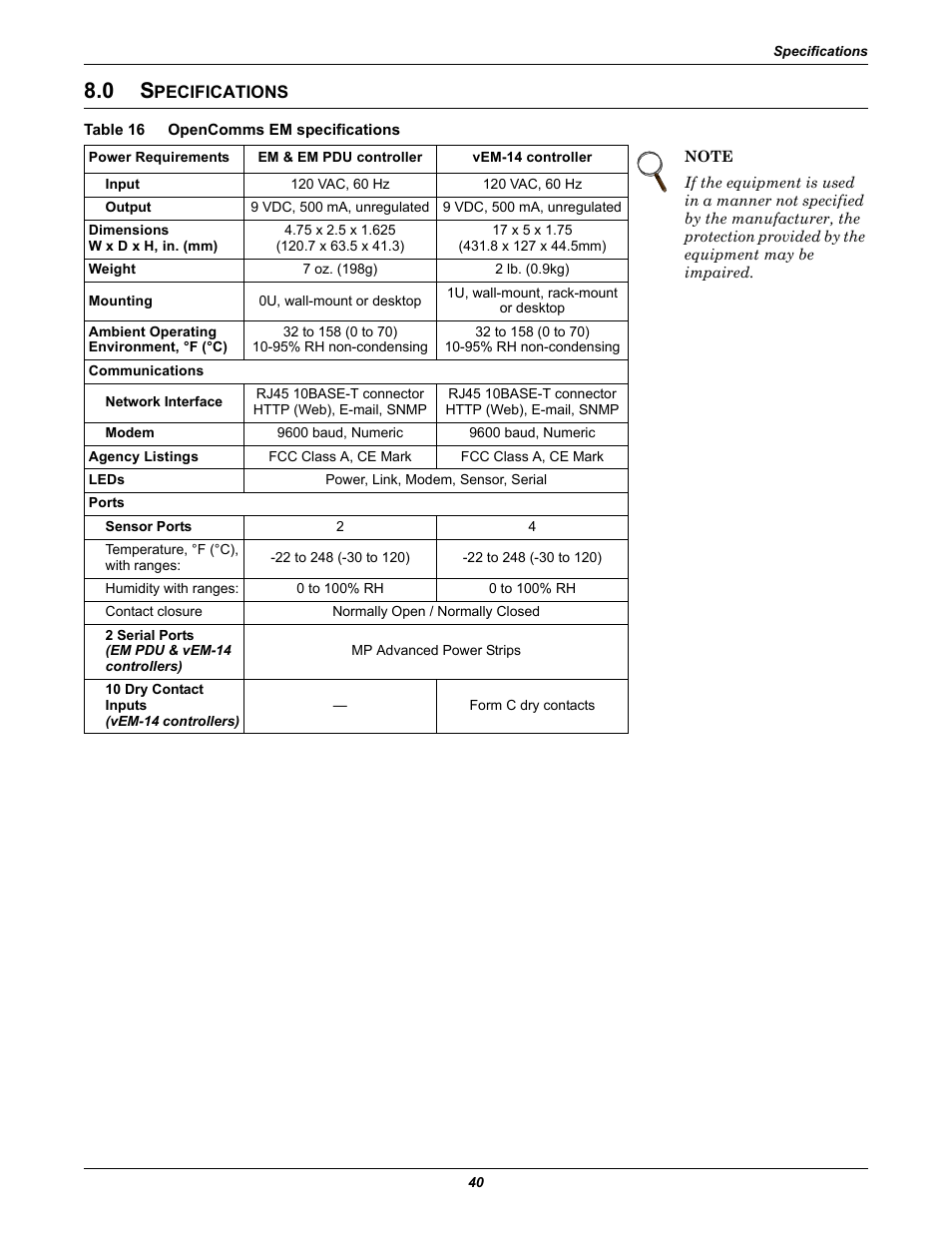 0 specifications, Table 16 opencomms em specifications, Pecifications | Table 16, Opencomms em specifications | Liebert EM User Manual | Page 46 / 48