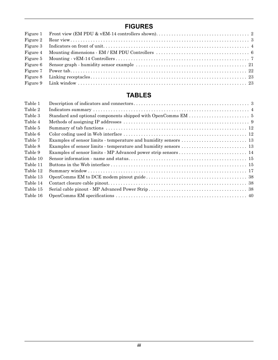 Figures, Tables | Liebert EM User Manual | Page 5 / 48