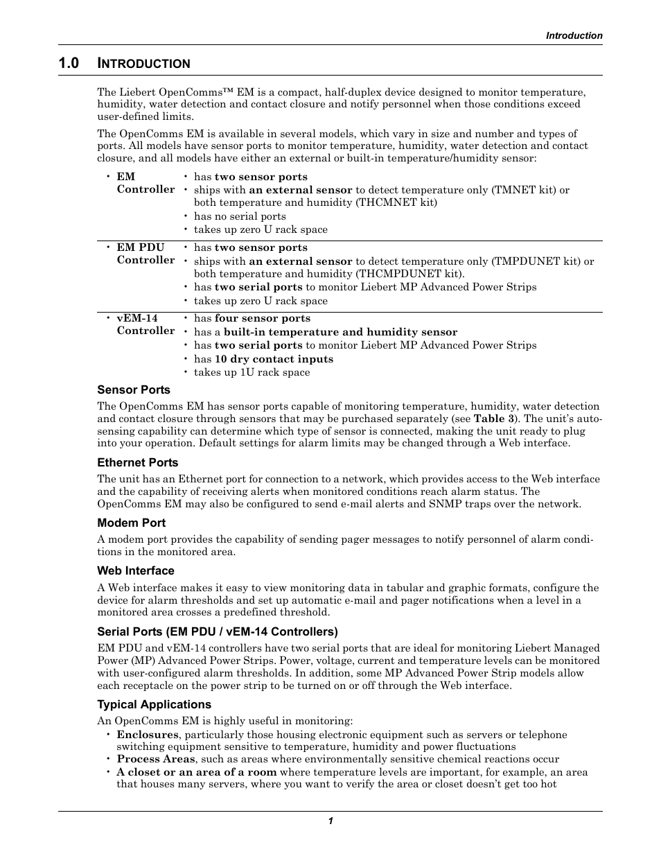 0 introduction, Sensor ports, Ethernet ports | Modem port, Web interface, Serial ports (em pdu / vem-14 controllers), Typical applications, Ntroduction | Liebert EM User Manual | Page 7 / 48