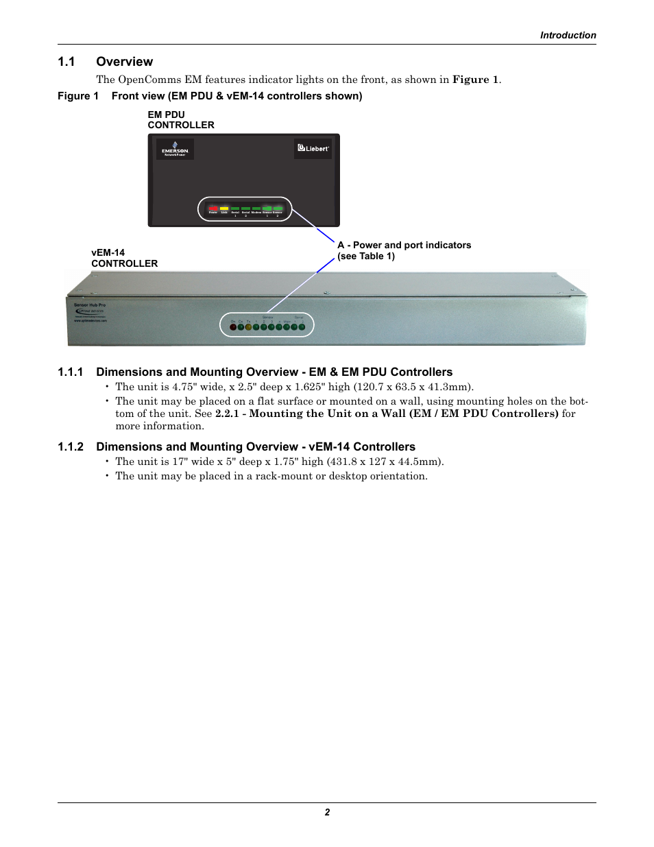 1 overview, Overview, Front view (em pdu & vem-14 controllers shown) | Liebert EM User Manual | Page 8 / 48