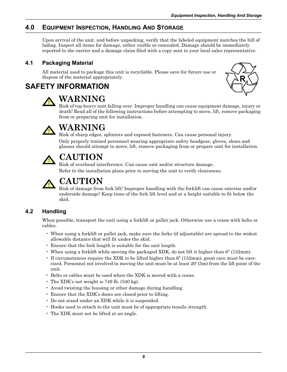 0 equipment inspection, handling and storage, 1 packaging material, Safety information | 2 handling, Equipment, Nspection, Andling, Torage, Packaging material, Handling | Liebert Rack Enclosure With Integrated Water-Based Cooling XDK User Manual | Page 13 / 32