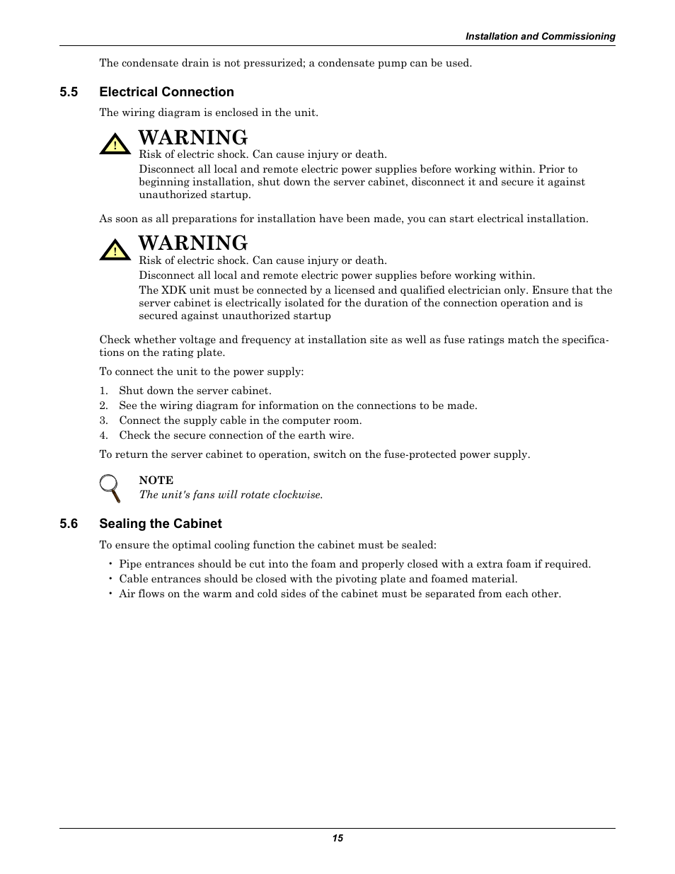 5 electrical connection, 6 sealing the cabinet, Electrical connection | Sealing the cabinet, Warning | Liebert Rack Enclosure With Integrated Water-Based Cooling XDK User Manual | Page 19 / 32