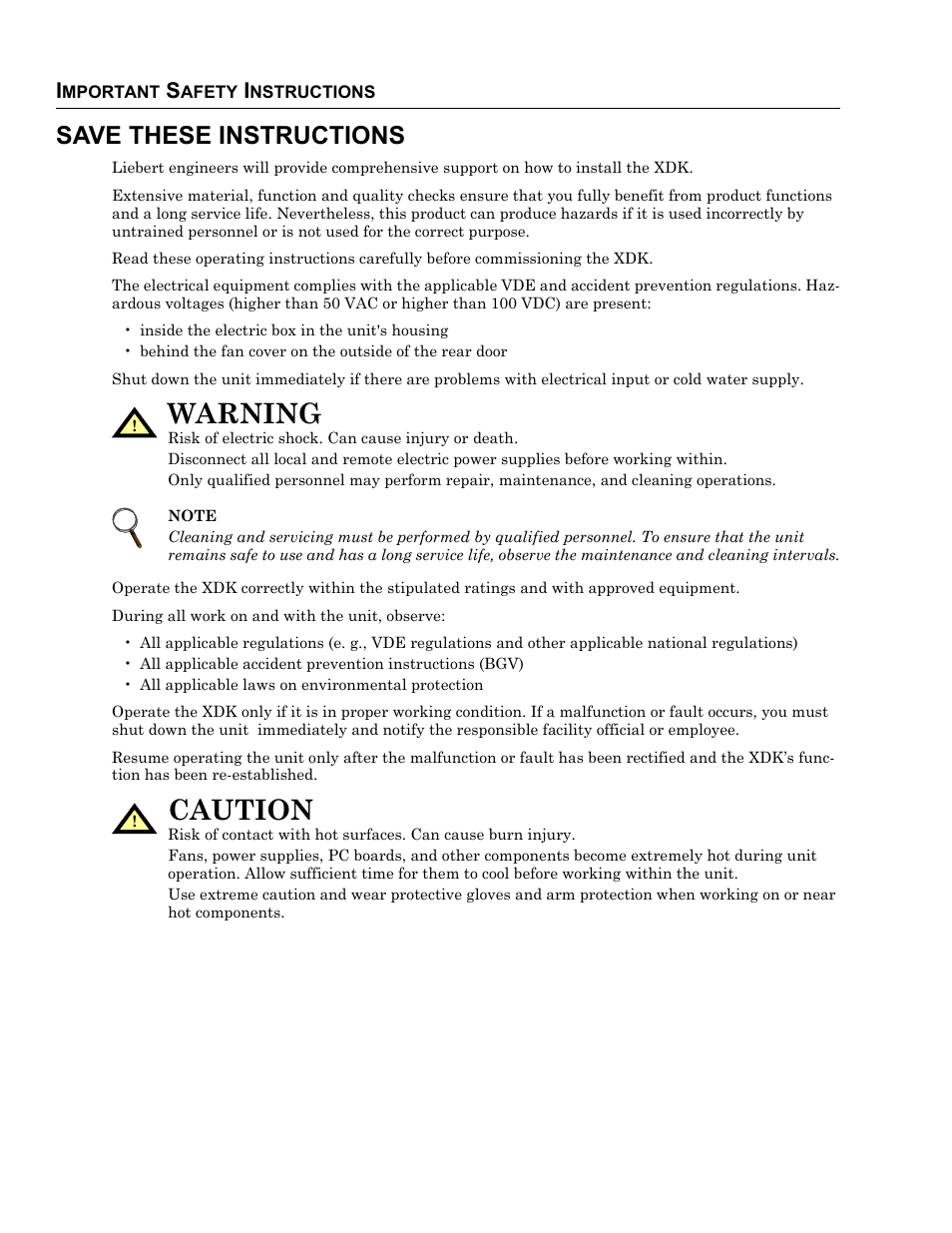 Important safety instructions, Save these instructions, Warning | Caution | Liebert Rack Enclosure With Integrated Water-Based Cooling XDK User Manual | Page 2 / 32