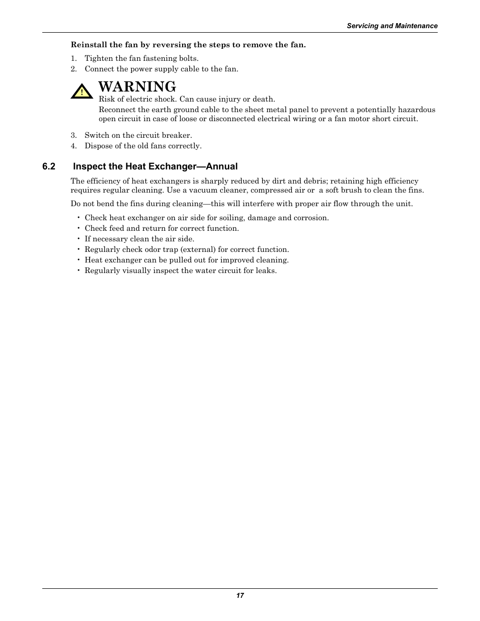 2 inspect the heat exchanger-annual, Inspect the heat exchanger—annual, Warning | Liebert Rack Enclosure With Integrated Water-Based Cooling XDK User Manual | Page 21 / 32