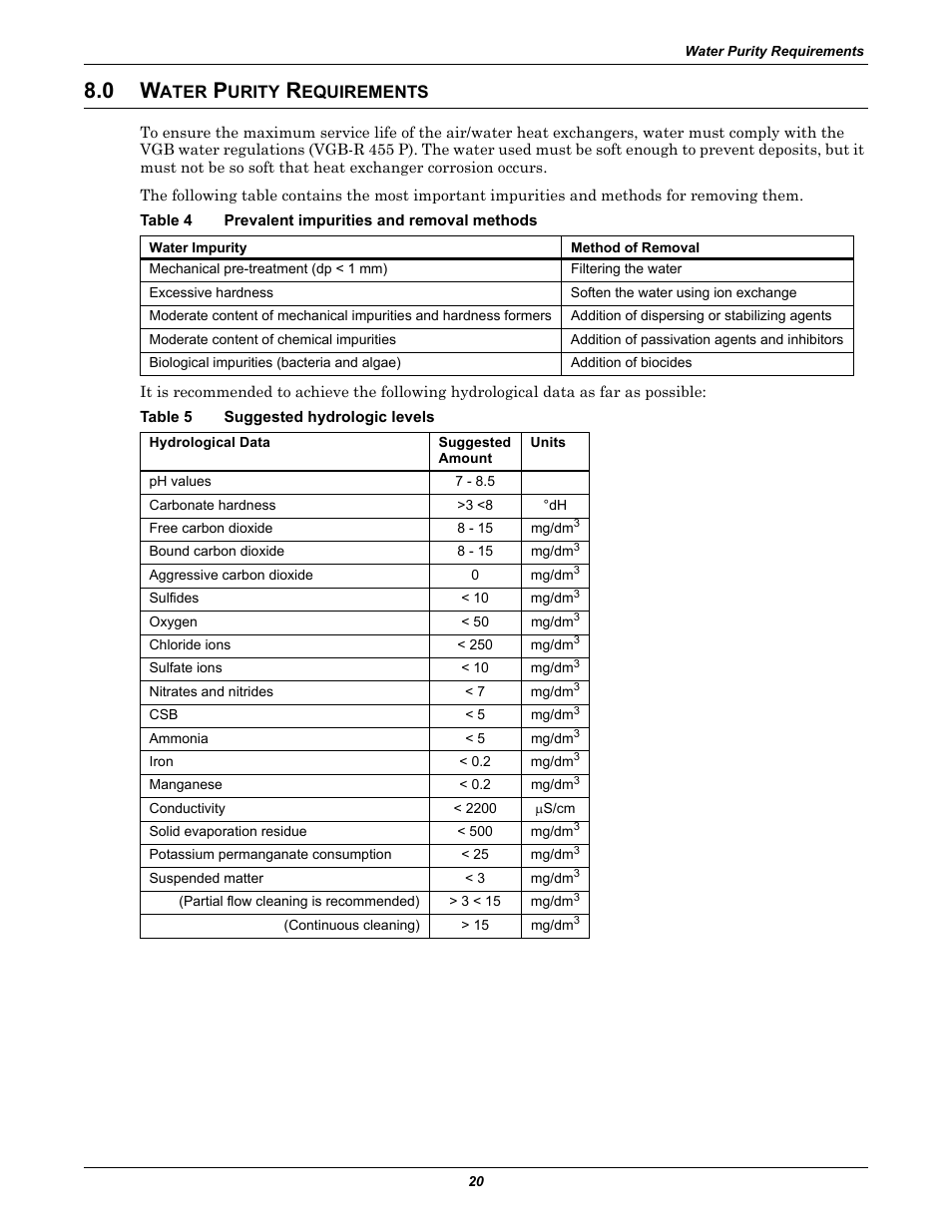 0 water purity requirements, Table 4 prevalent impurities and removal methods, Table 5 suggested hydrologic levels | Ater, Urity, Equirements, Table 4, Prevalent impurities and removal methods, Table 5, Suggested hydrologic levels | Liebert Rack Enclosure With Integrated Water-Based Cooling XDK User Manual | Page 24 / 32