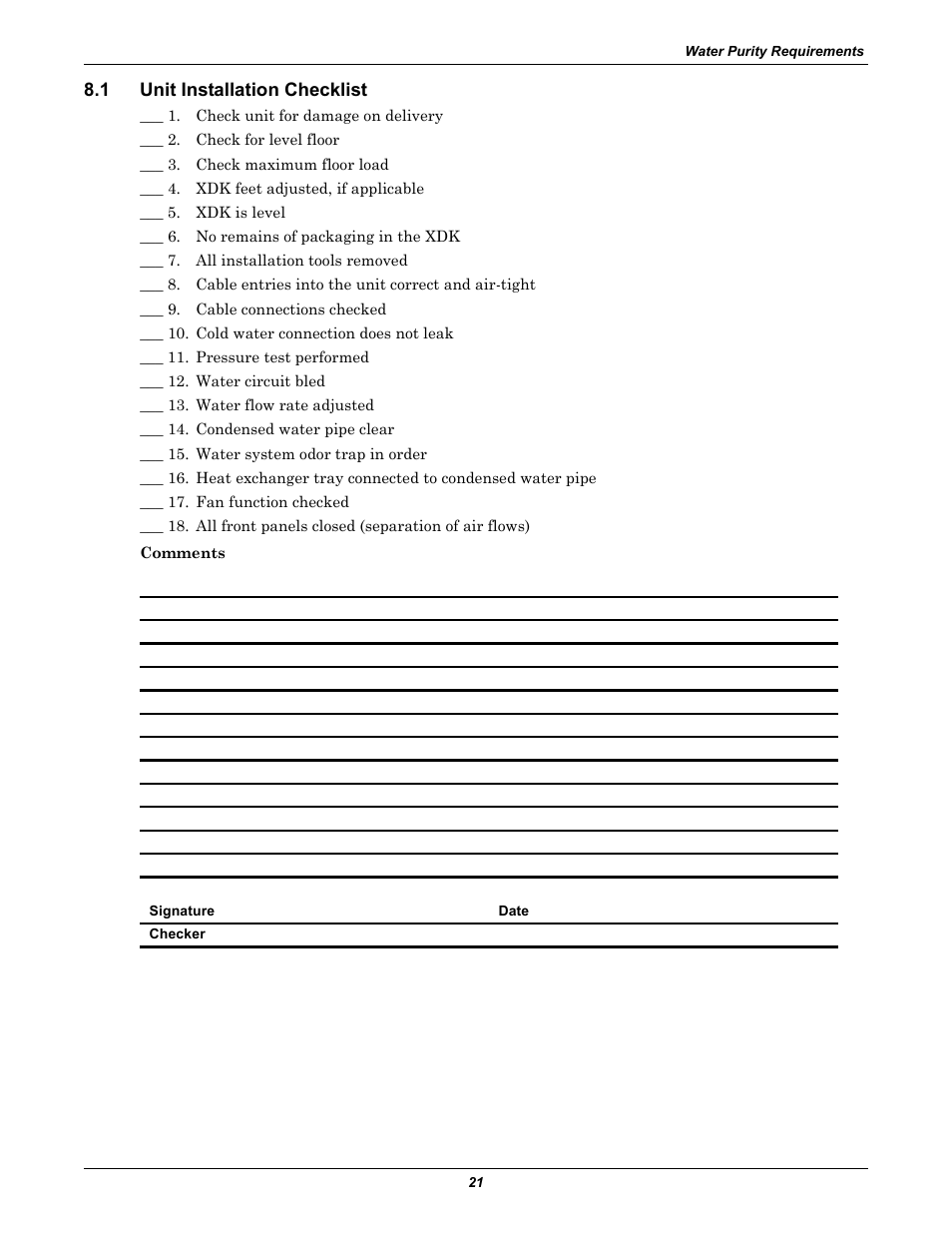 1 unit installation checklist, Unit installation checklist | Liebert Rack Enclosure With Integrated Water-Based Cooling XDK User Manual | Page 25 / 32