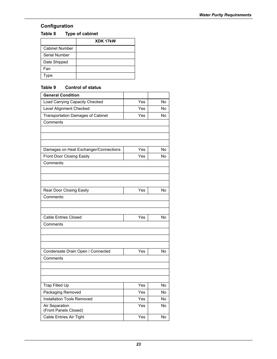 Table 8 type of cabinet, Table 9 control of status, Table 8 | Type of cabinet, Table 9, Control of status | Liebert Rack Enclosure With Integrated Water-Based Cooling XDK User Manual | Page 27 / 32