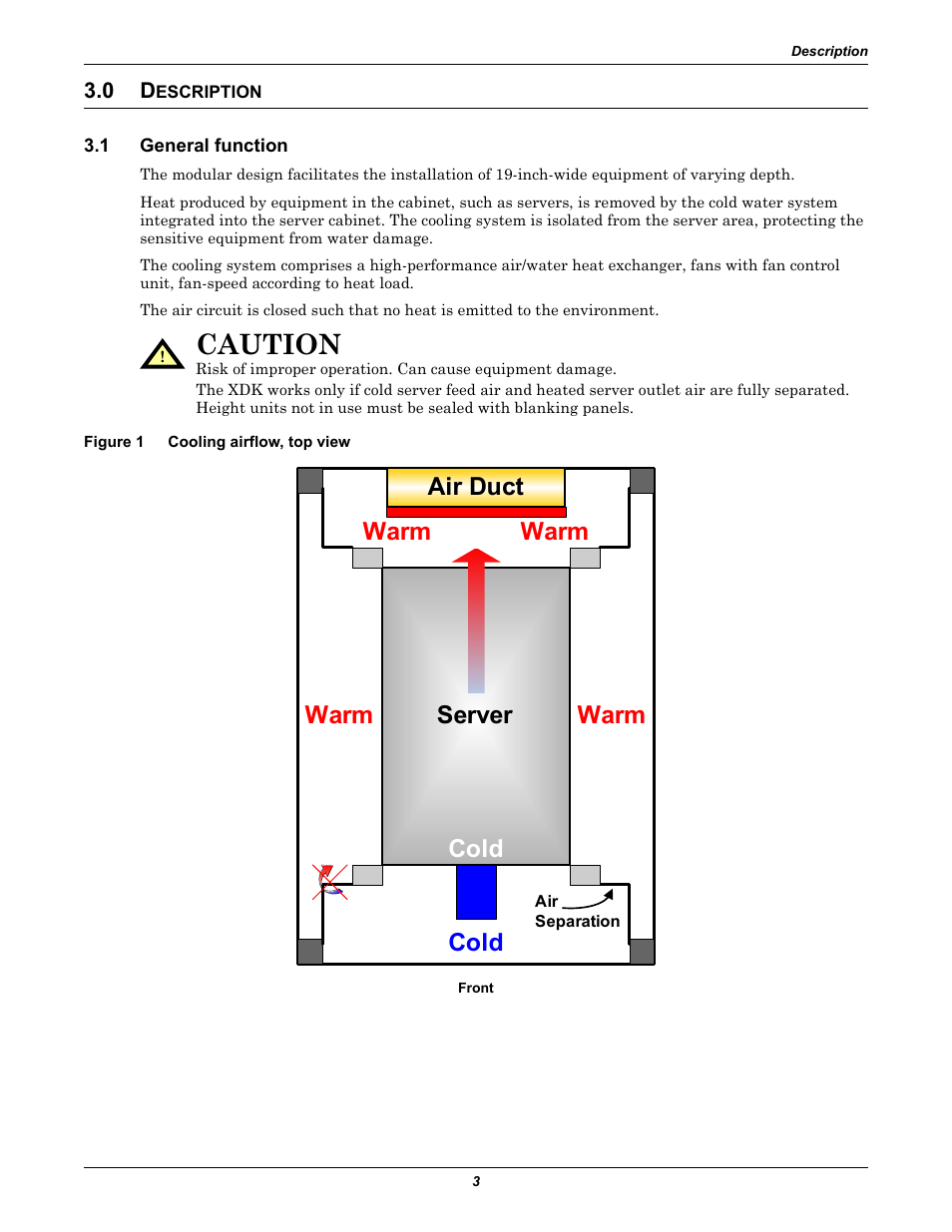 0 description, 1 general function, Figure 1 cooling airflow, top view | Escription, General function, Cooling airflow, top view, Caution, Server cold, Warm, Warm air duct cold | Liebert Rack Enclosure With Integrated Water-Based Cooling XDK User Manual | Page 7 / 32