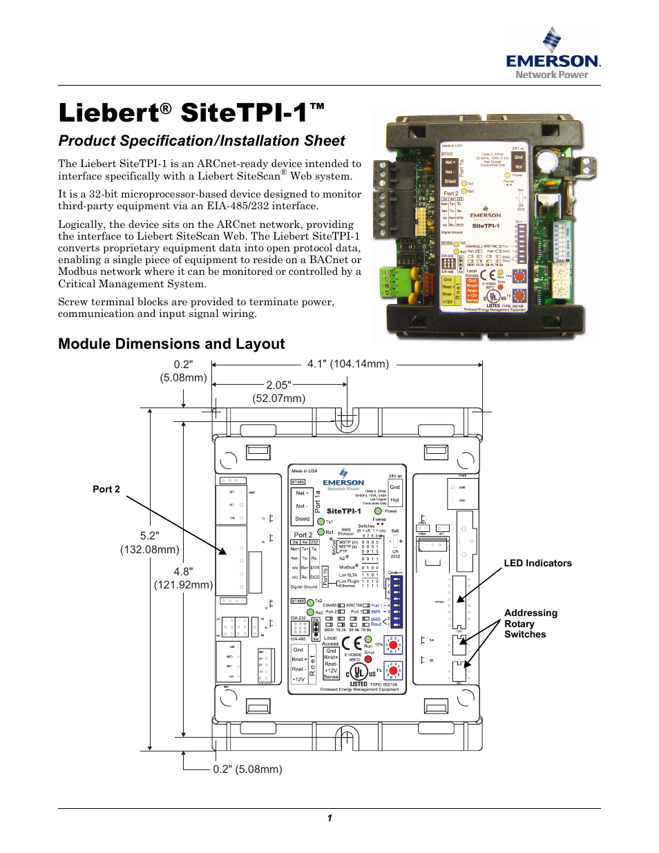 Liebert Network Device EIA-485/232 User Manual | 2 pages