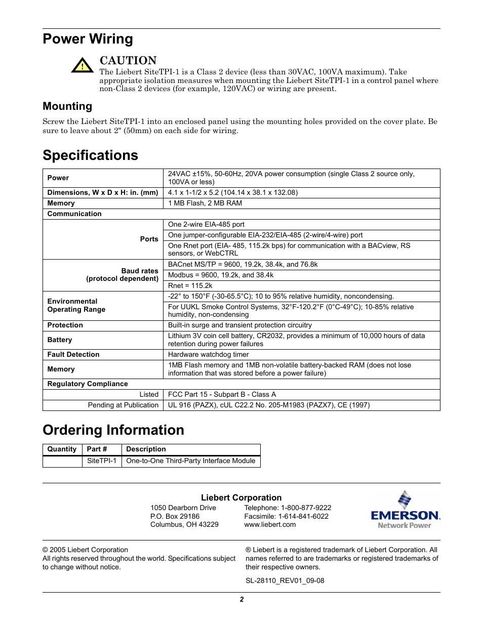 Power wiring, Specifications ordering information, Mounting | Caution | Liebert Network Device EIA-485/232 User Manual | Page 2 / 2