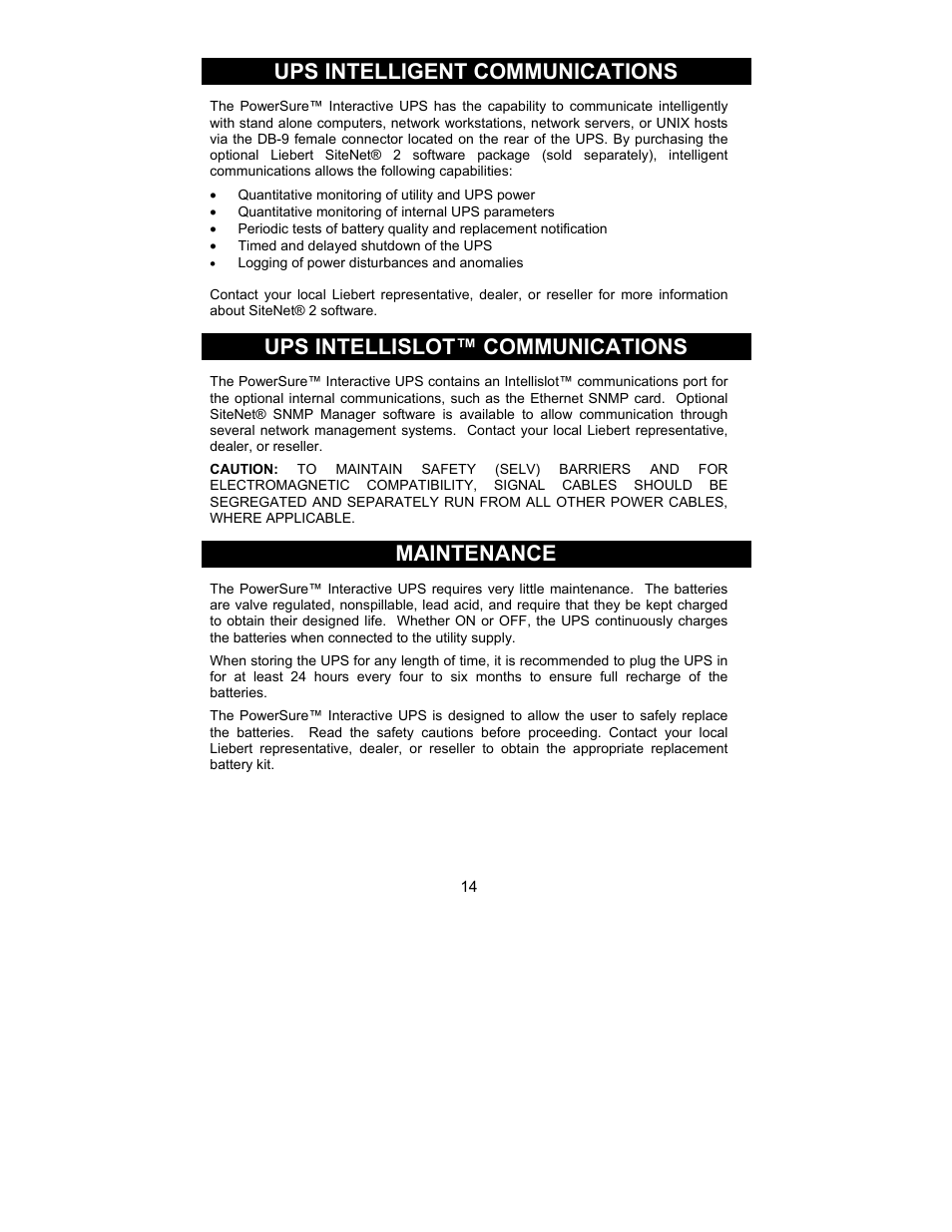 Ups intelligent communications, Ups intellislot™ communications, Maintenance | Liebert 700-2200 VA User Manual | Page 14 / 26