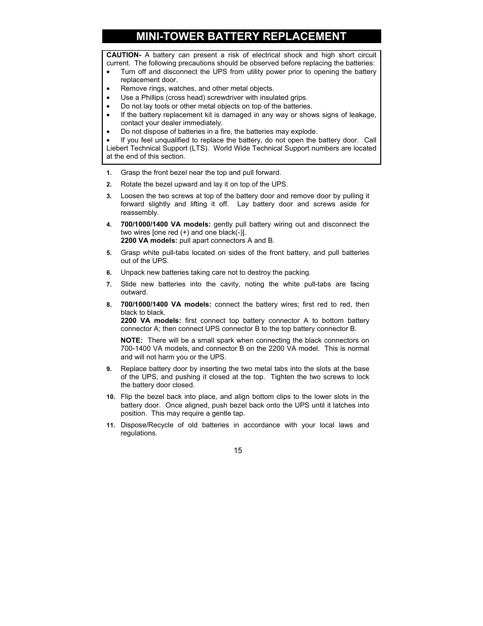 Mini-tower battery replacement | Liebert 700-2200 VA User Manual | Page 15 / 26