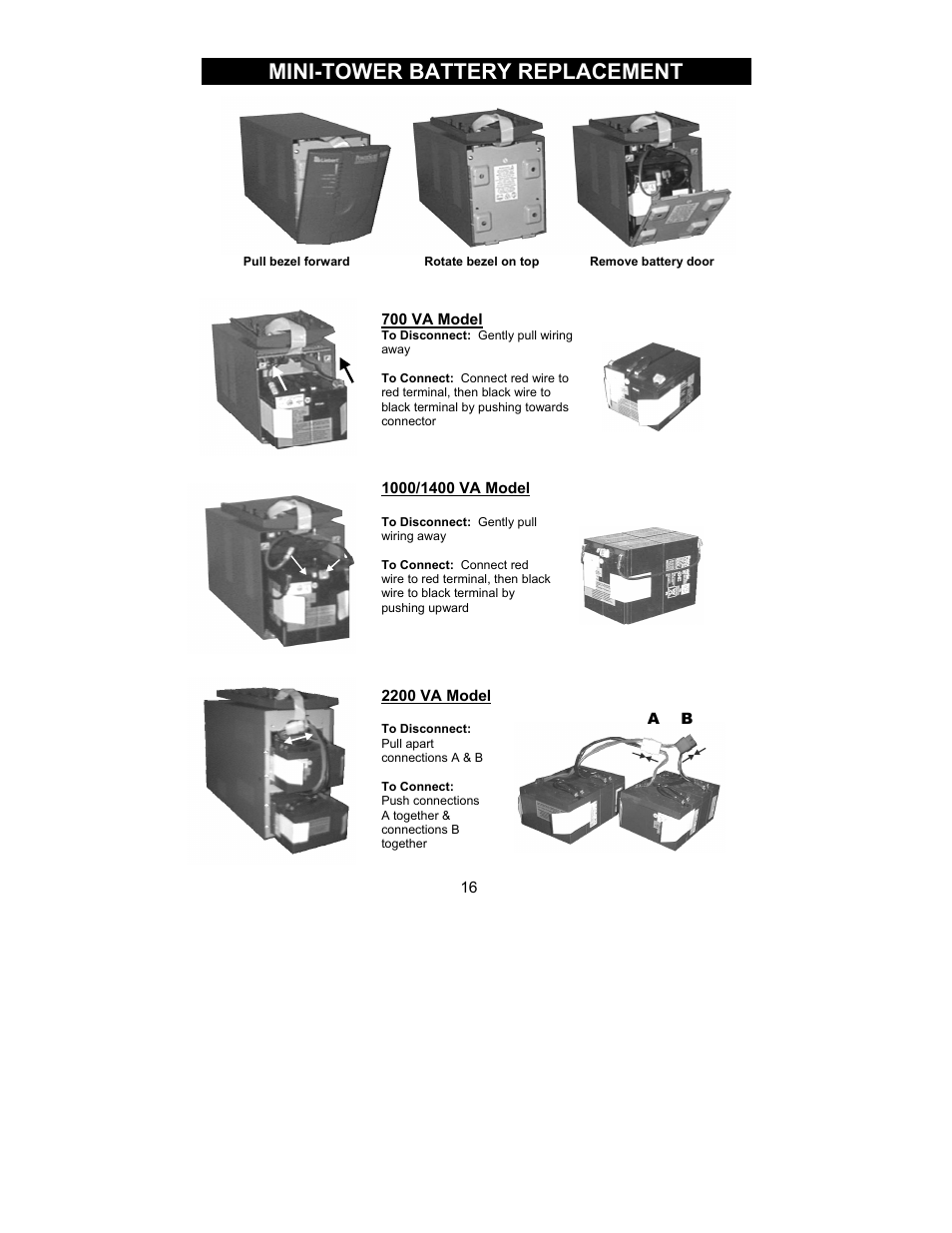 Mini-tower battery replacement | Liebert 700-2200 VA User Manual | Page 16 / 26