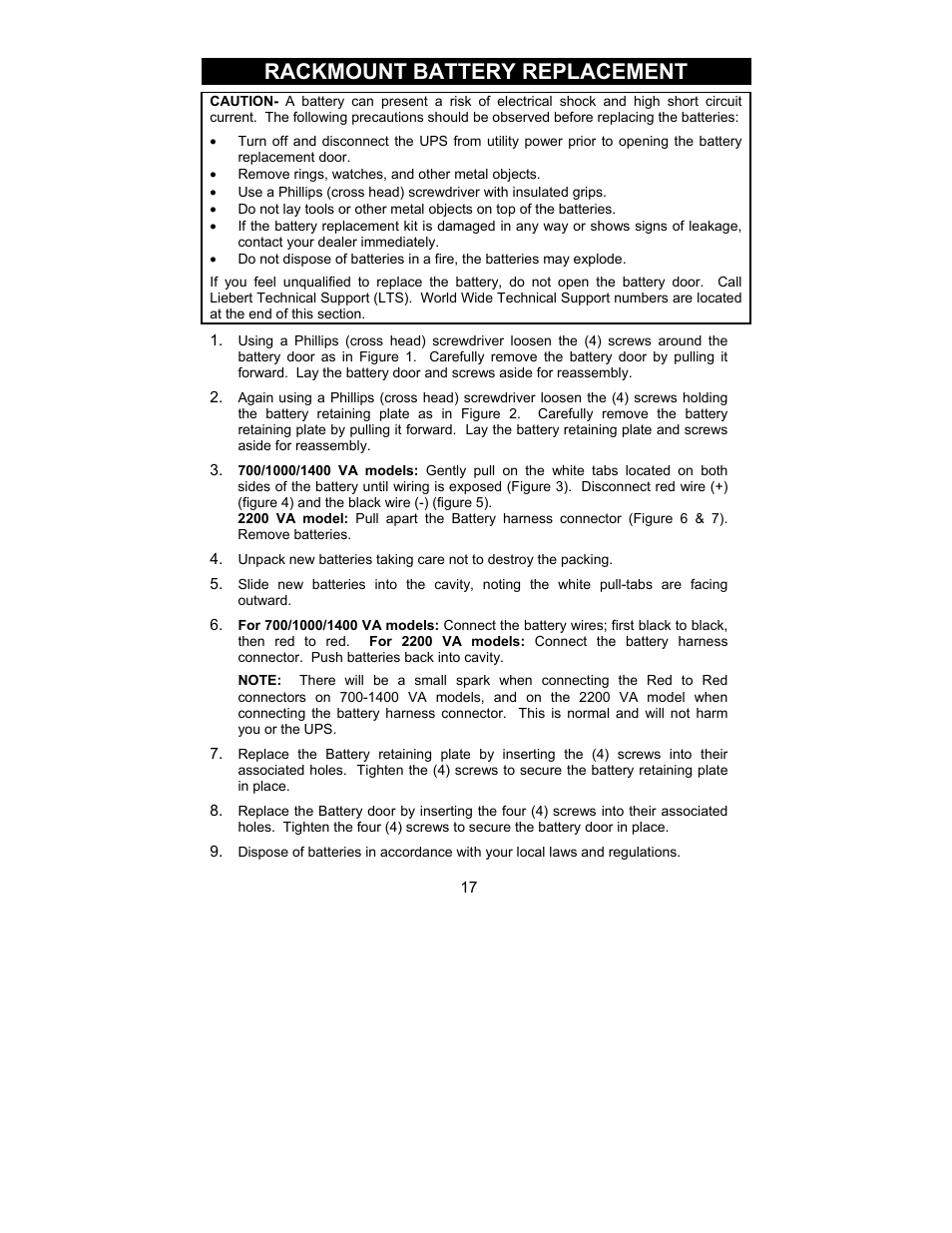 Rackmount battery replacement | Liebert 700-2200 VA User Manual | Page 17 / 26