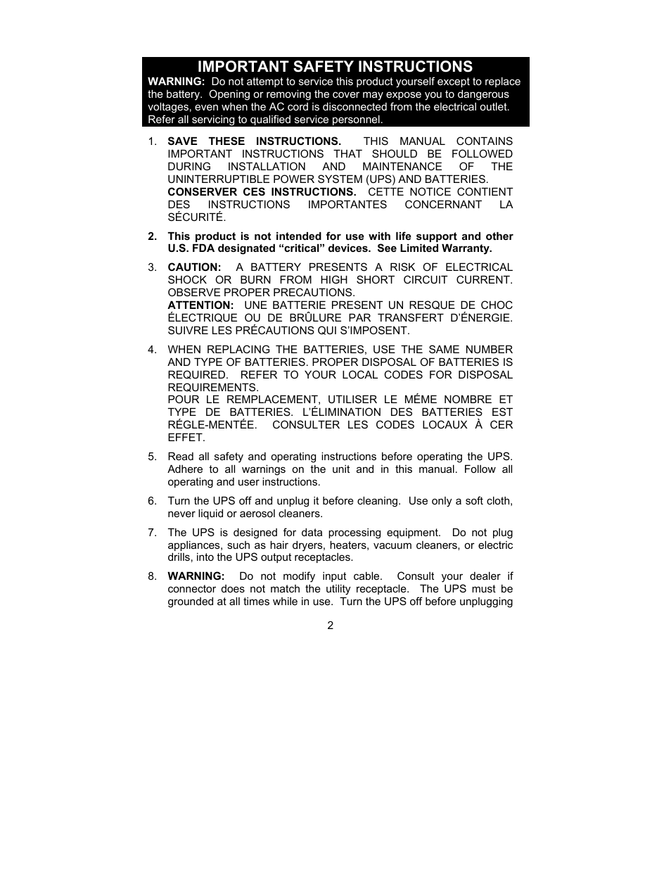 Important safety instructions | Liebert 700-2200 VA User Manual | Page 2 / 26