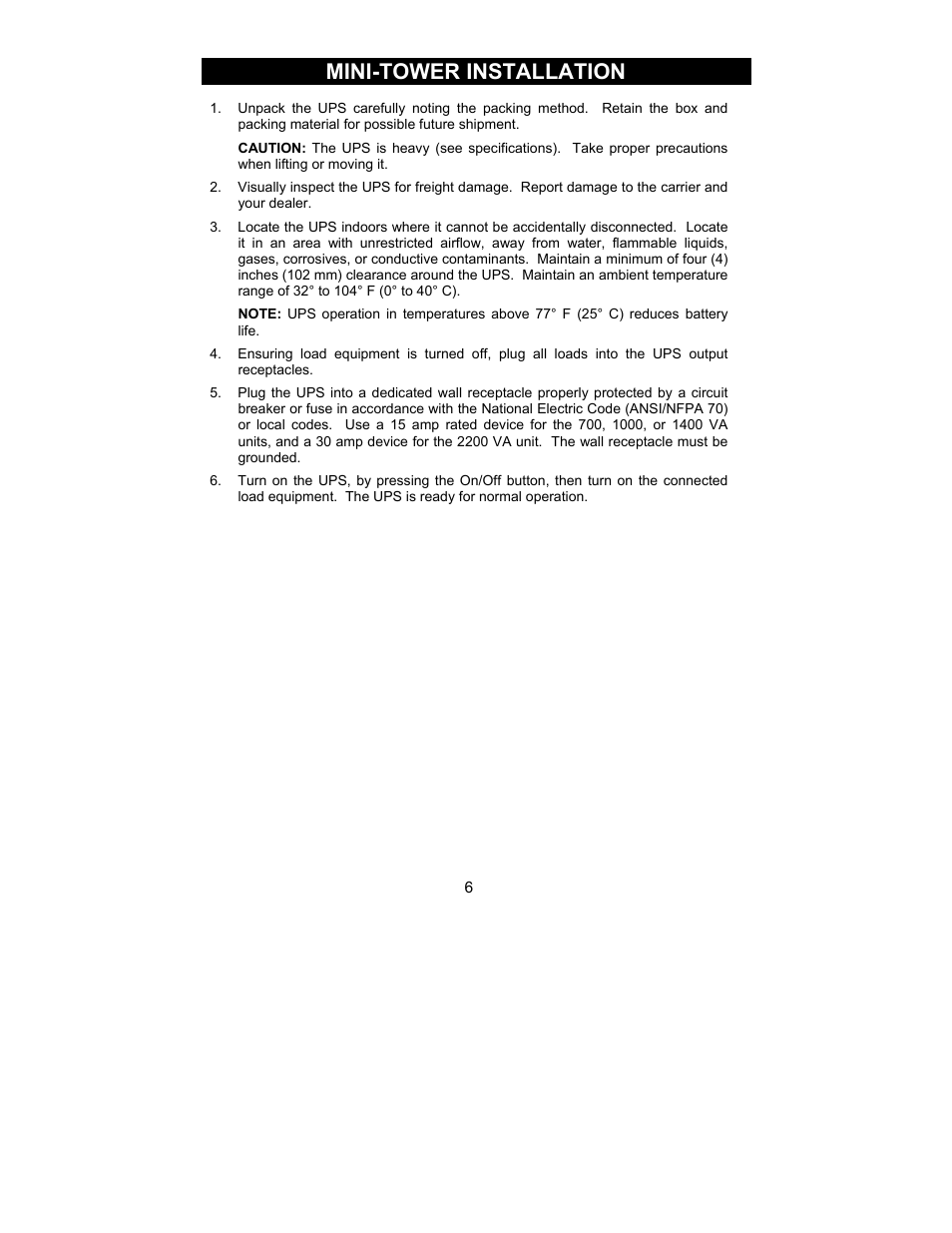 Mini-tower installation | Liebert 700-2200 VA User Manual | Page 6 / 26