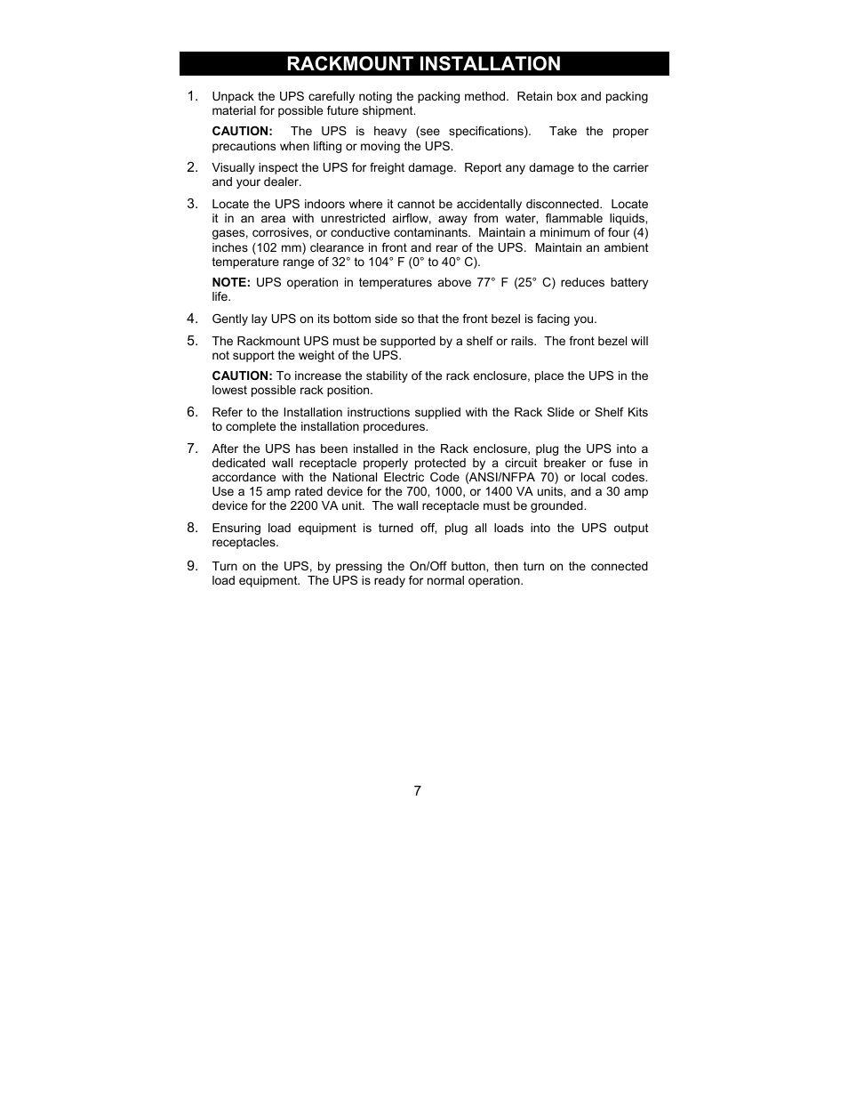 Rackmount installation | Liebert 700-2200 VA User Manual | Page 7 / 26