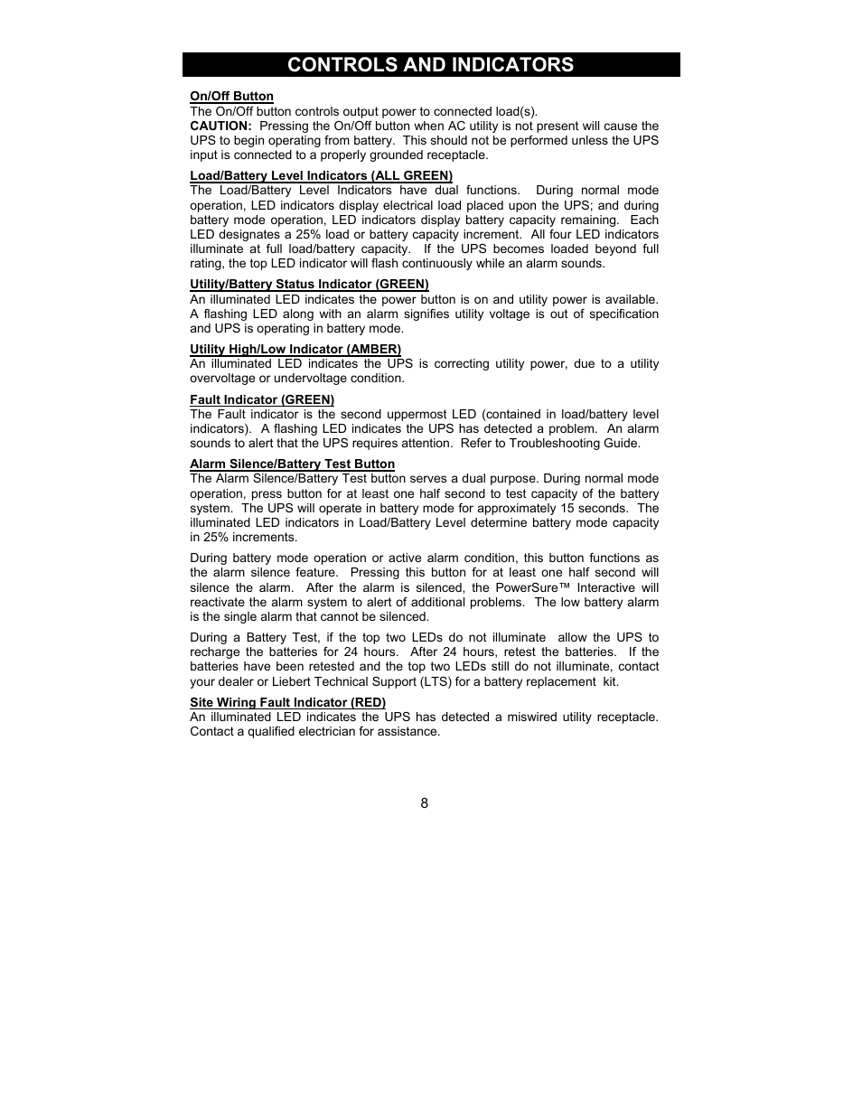 Controls and indicators | Liebert 700-2200 VA User Manual | Page 8 / 26