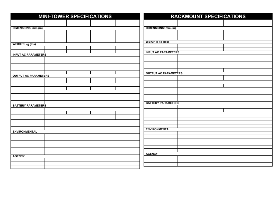 Mini-tower specifications, Rackmount specifications | Liebert Power Supply User Manual | Page 13 / 14