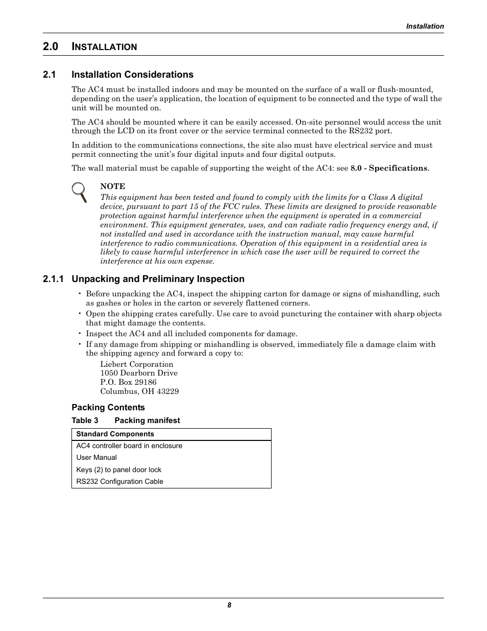 0 installation, 1 installation considerations, 1 unpacking and preliminary inspection | Packing contents, Table 3 packing manifest, Nstallation, Installation considerations, Unpacking and preliminary inspection, Table 3, Packing manifest | Liebert AC4 User Manual | Page 14 / 88