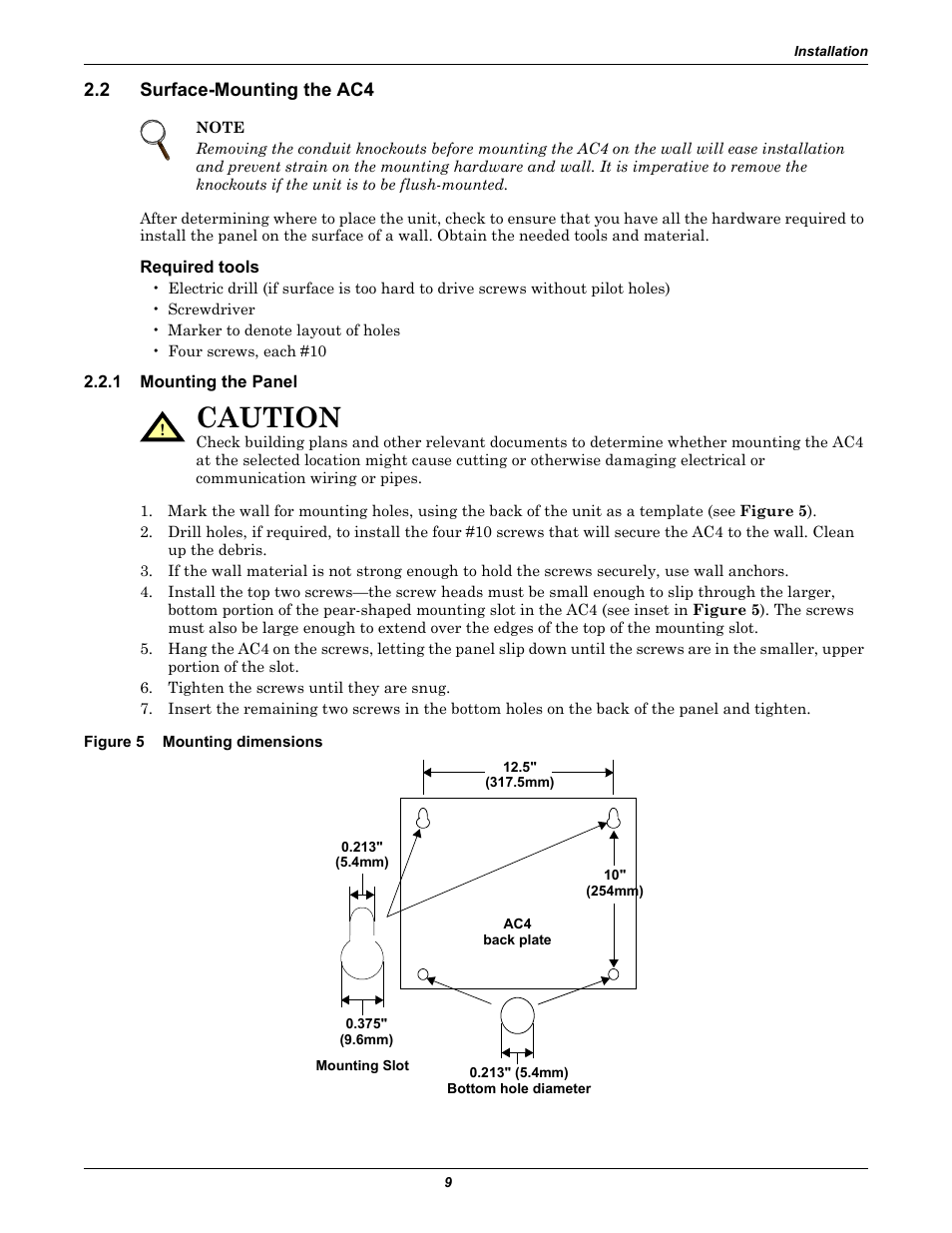 2 surface-mounting the ac4, Required tools, 1 mounting the panel | Figure 5 mounting dimensions, Surface-mounting the ac4, Mounting the panel, Figure 5, Mounting dimensions, Caution | Liebert AC4 User Manual | Page 15 / 88