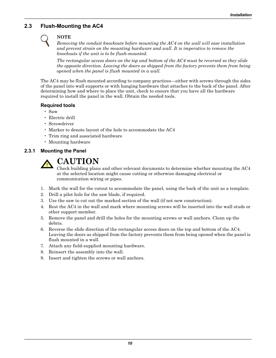 3 flush-mounting the ac4, Required tools, 1 mounting the panel | Flush-mounting the ac4, Mounting the panel, Caution | Liebert AC4 User Manual | Page 16 / 88