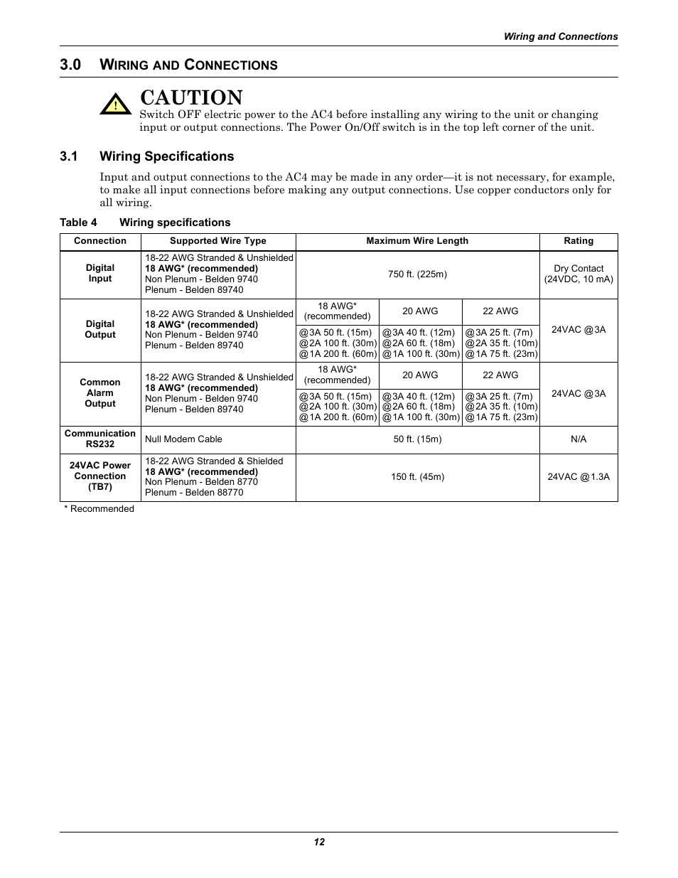 0 wiring and connections, 1 wiring specifications, Table 4 wiring specifications | Iring, Onnections, Wiring specifications, Table 4, Wiring and connections, Caution | Liebert AC4 User Manual | Page 18 / 88