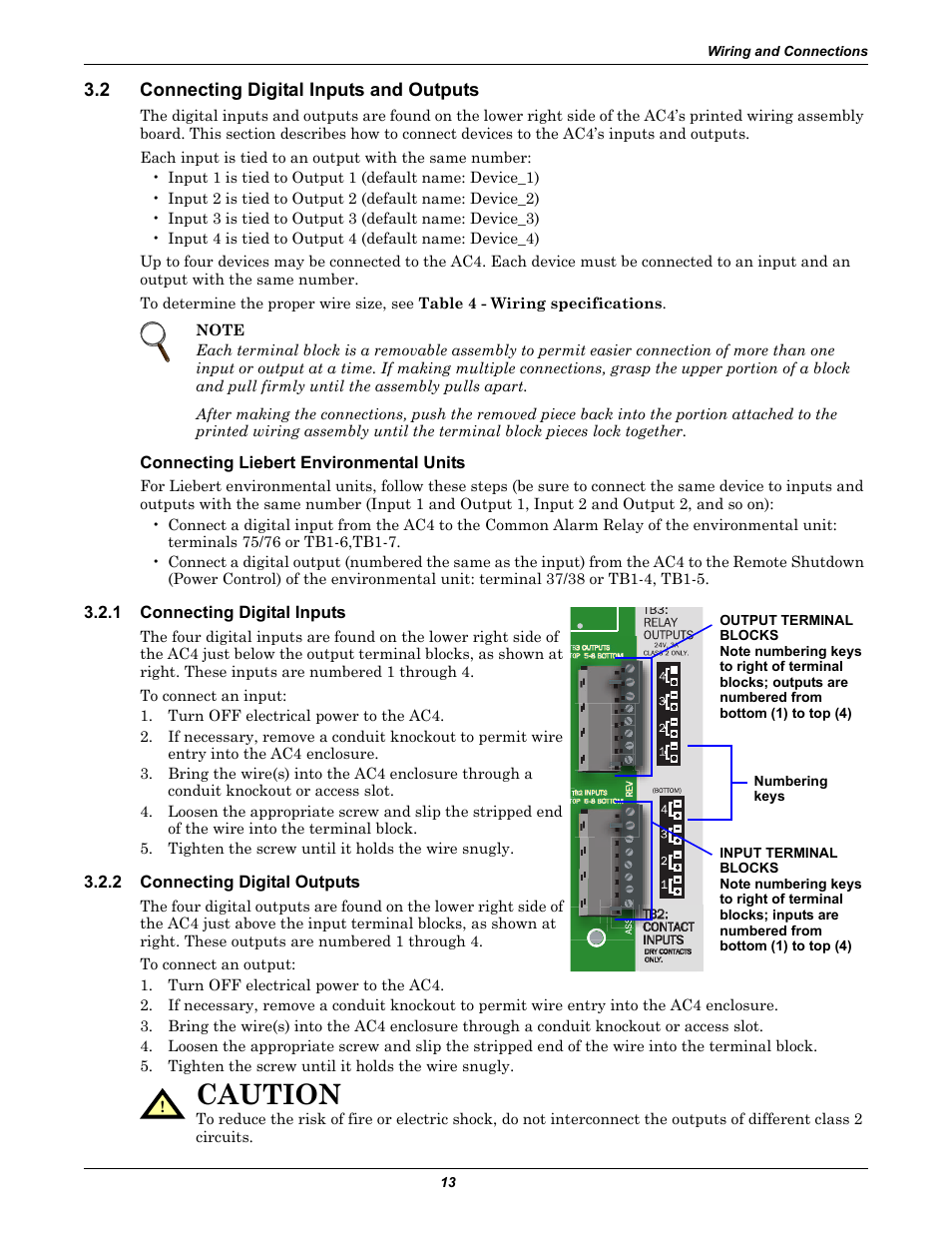 2 connecting digital inputs and outputs, Connecting liebert environmental units, 1 connecting digital inputs | 2 connecting digital outputs, Connecting digital inputs and outputs, Connecting digital inputs, Connecting digital outputs, Caution | Liebert AC4 User Manual | Page 19 / 88