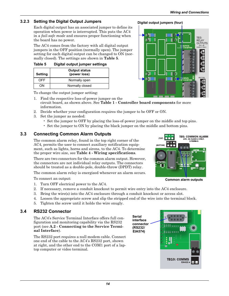 3 setting the digital output jumpers, Table 5 digital output jumper settings, 3 connecting common alarm outputs | 4 rs232 connector, Setting the digital output jumpers, Connecting common alarm outputs, Rs232 connector, Table 5, Digital output jumper settings, Connecting common alarm | Liebert AC4 User Manual | Page 20 / 88