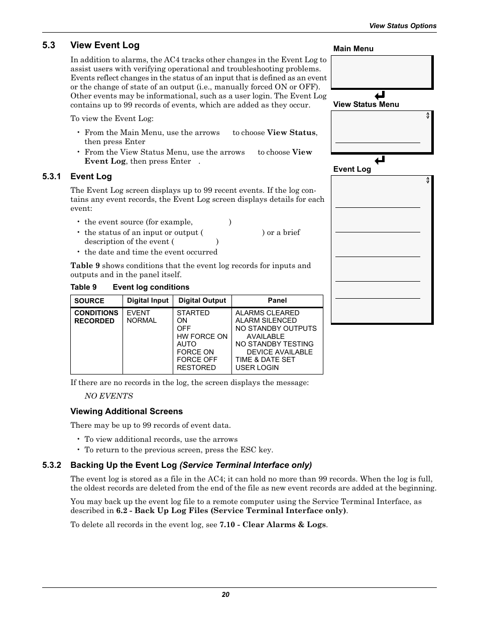 3 view event log, 1 event log, Table 9 event log conditions | Viewing additional screens, View event log, Event log, Backing up the event log, Table 9, Event log conditions | Liebert AC4 User Manual | Page 26 / 88