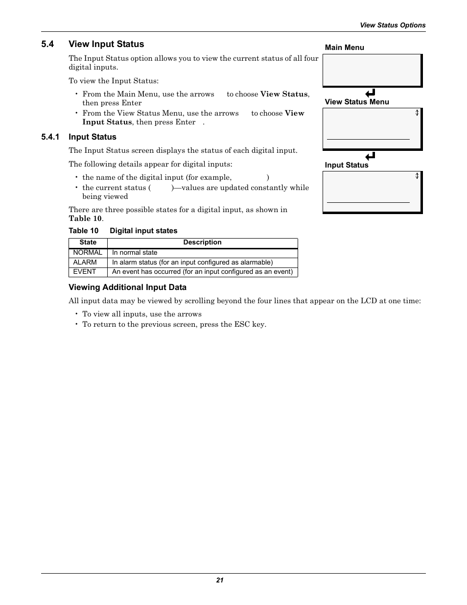 4 view input status, 1 input status, Table 10 digital input states | Viewing additional input data, View input status, Input status, Table 10, Digital input states | Liebert AC4 User Manual | Page 27 / 88