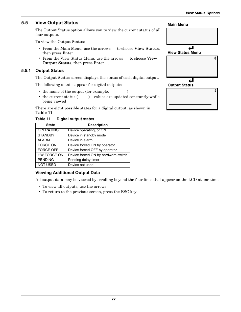 5 view output status, 1 output status, Table 11 digital output states | Viewing additional output data, View output status, Output status, Table 11, Digital output states | Liebert AC4 User Manual | Page 28 / 88