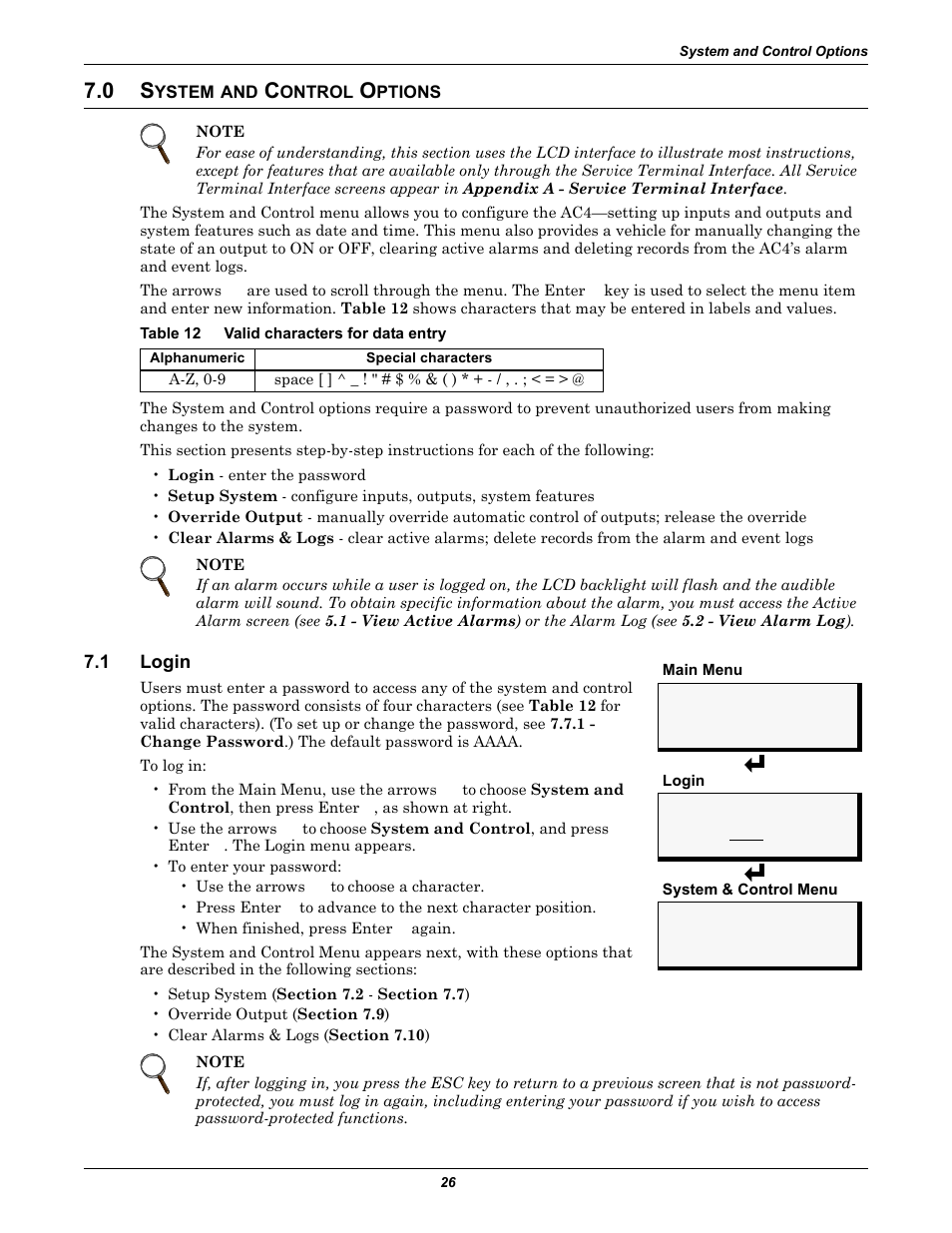 0 system and control options, Table 12 valid characters for data entry, 1 login | Ystem, Ontrol, Ptions, Login, Table 12, Valid characters for data entry, 0 . t | Liebert AC4 User Manual | Page 32 / 88