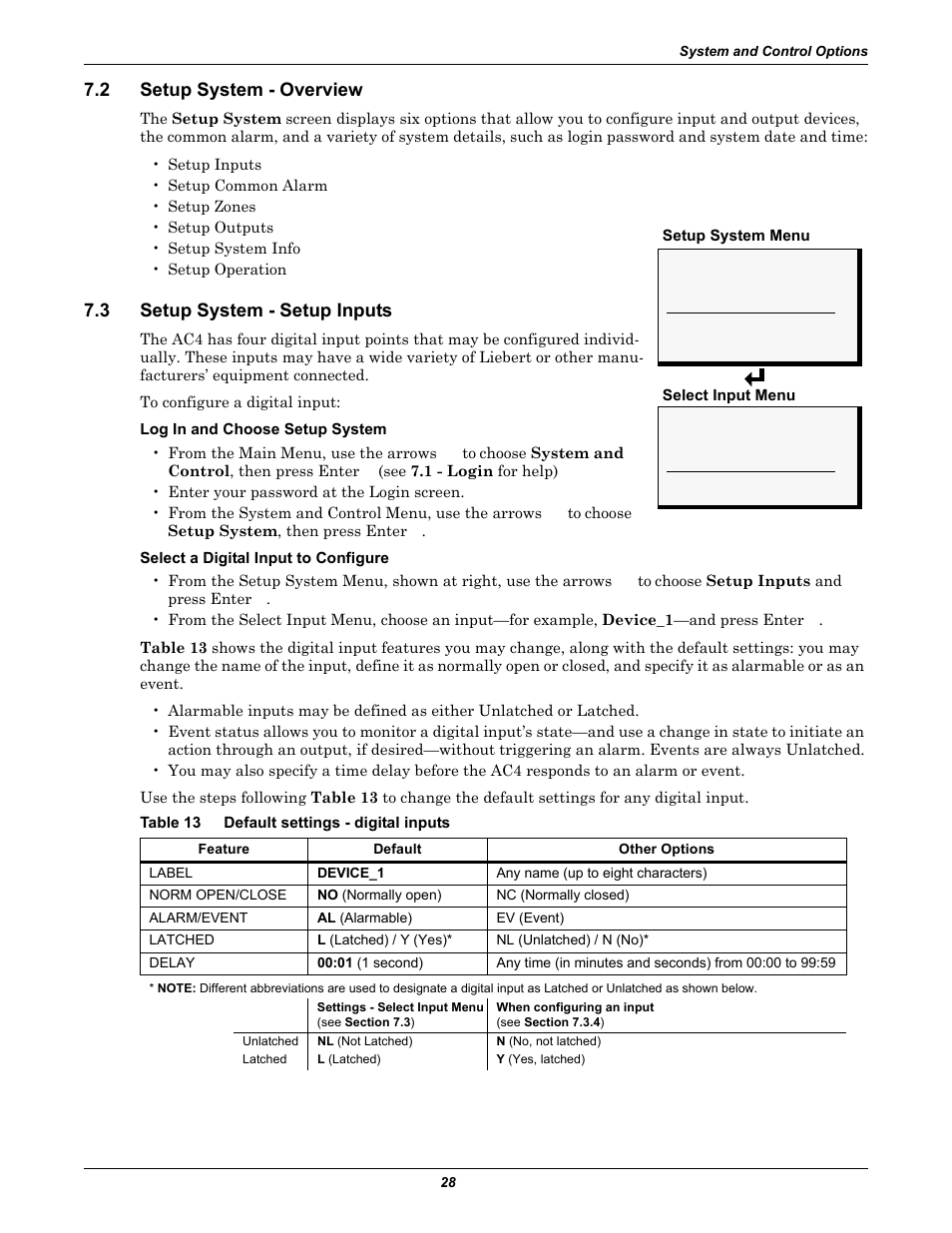 2 setup system - overview, 3 setup system - setup inputs, Table 13 default settings - digital inputs | Setup system - overview, Setup system - setup inputs, Table 13, Default settings - digital inputs, Setup system, Setup inputs | Liebert AC4 User Manual | Page 34 / 88