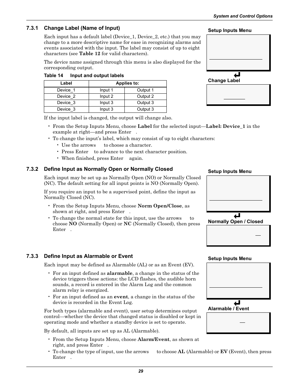 1 change label (name of input), Table 14 input and output labels, 2 define input as normally open or normally closed | 3 define input as alarmable or event, Change label (name of input), Define input as normally open or normally closed, Define input as alarmable or event, Table 14, Input and output labels | Liebert AC4 User Manual | Page 35 / 88