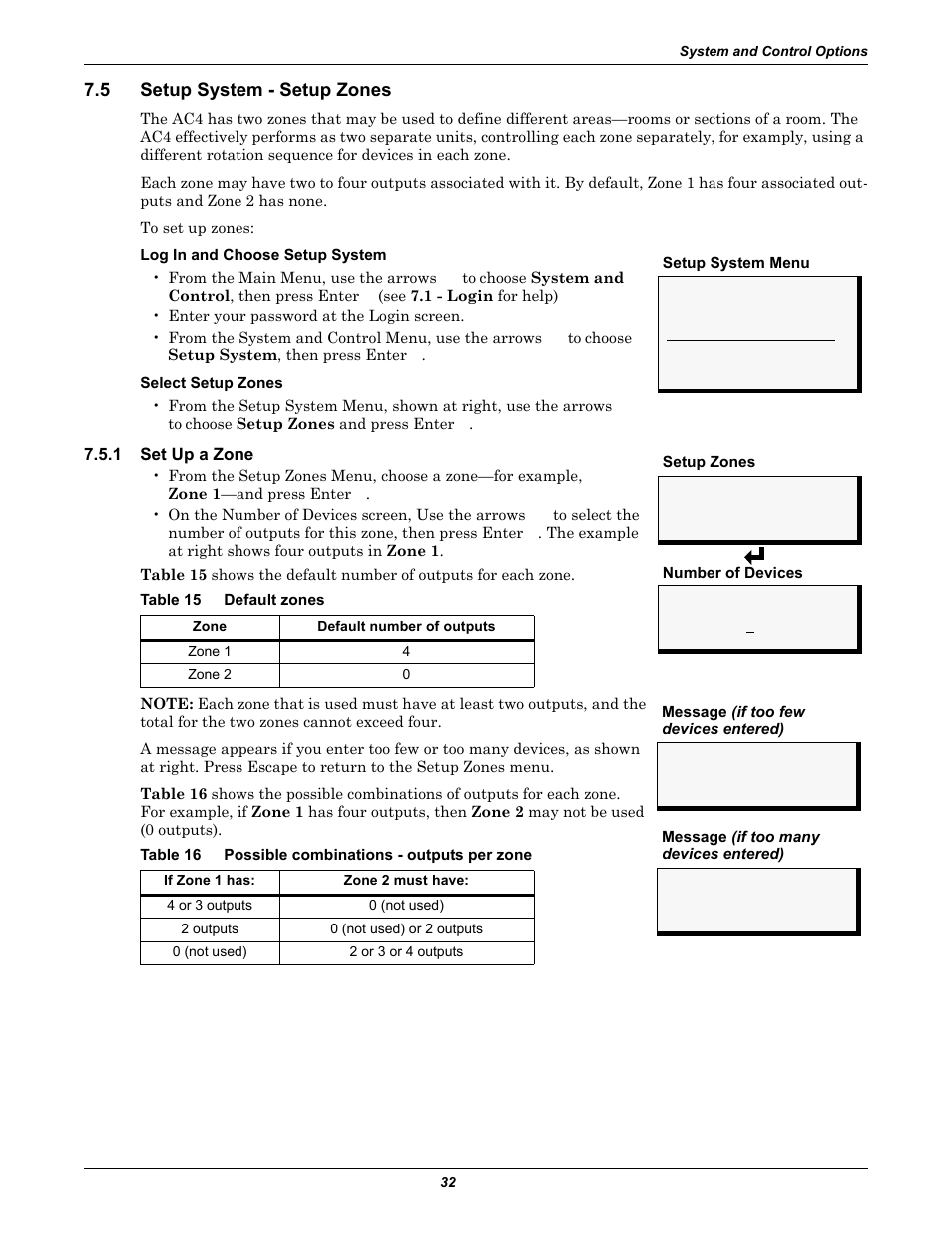 5 setup system - setup zones, 1 set up a zone, Table 15 default zones | Table 16 possible combinations - outputs per zone, Setup system - setup zones, Set up a zone, Table 15, Default zones, Table 16, Possible combinations - outputs per zone | Liebert AC4 User Manual | Page 38 / 88