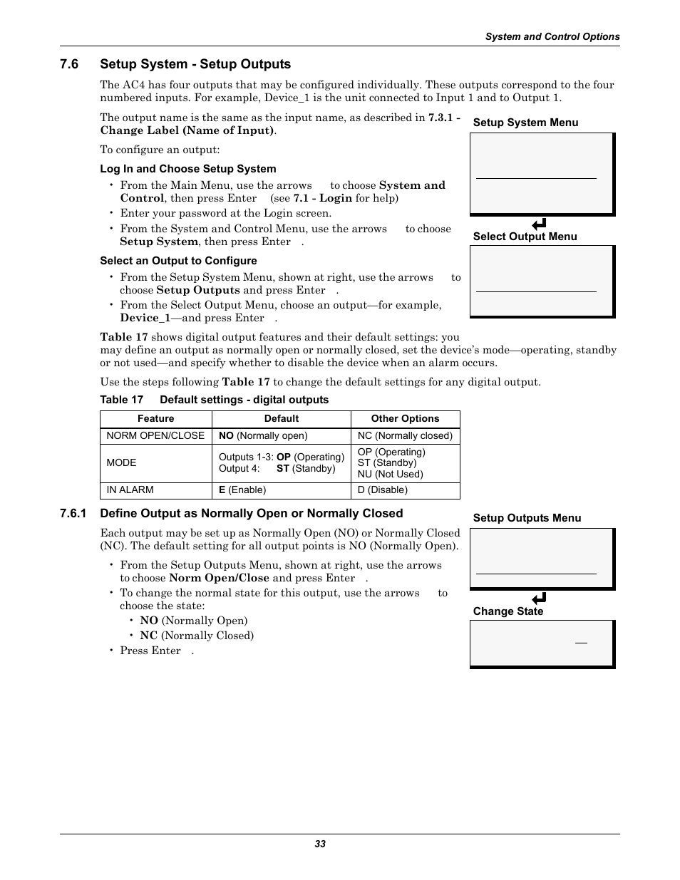 6 setup system - setup outputs, Table 17 default settings - digital outputs, Setup system - setup outputs | Define output as normally open or normally closed, Table 17, Default settings - digital outputs, Setup outputs | Liebert AC4 User Manual | Page 39 / 88