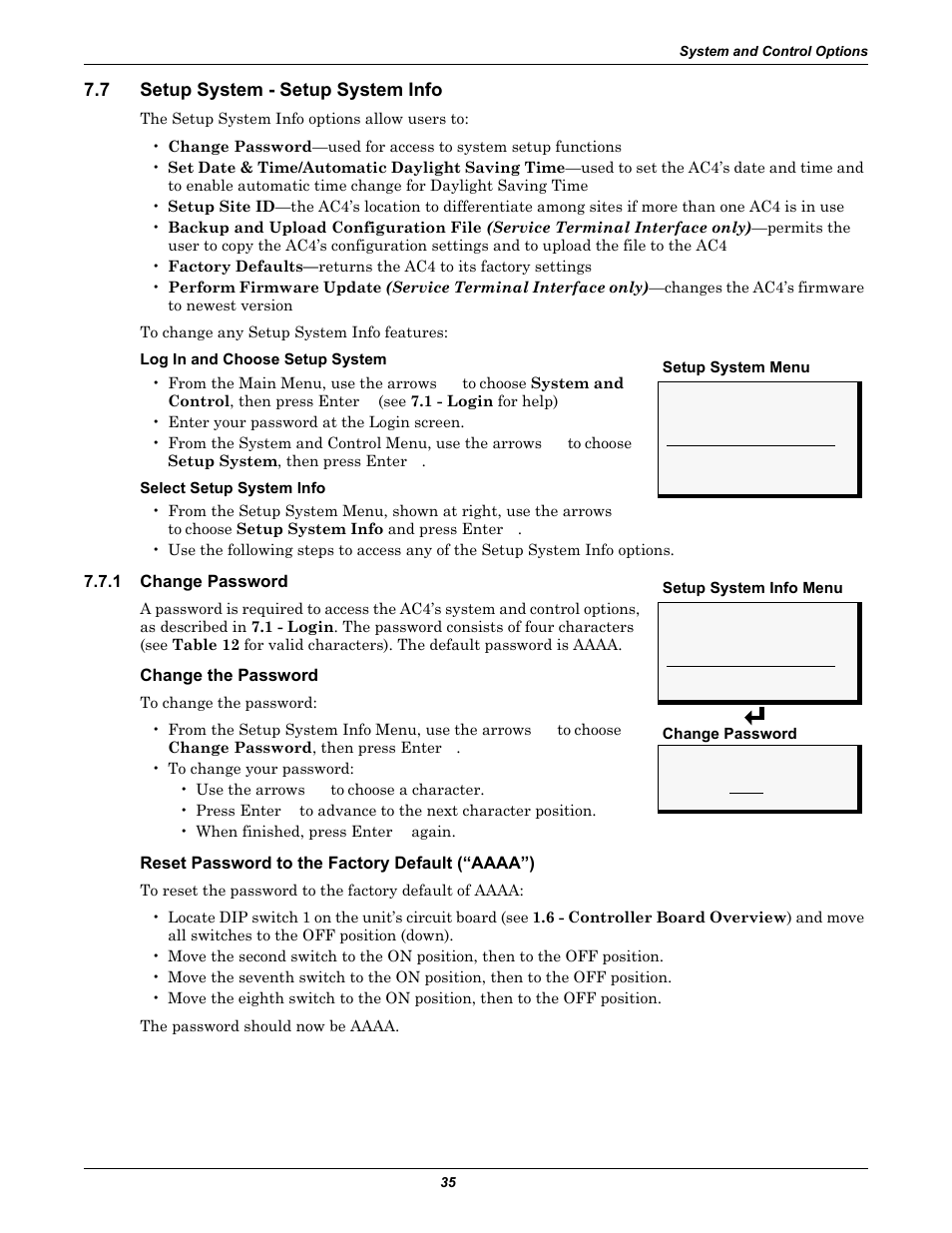 7 setup system - setup system info, 1 change password, Change the password | Reset password to the factory default (“aaaa”), Setup system - setup system info, Change password | Liebert AC4 User Manual | Page 41 / 88